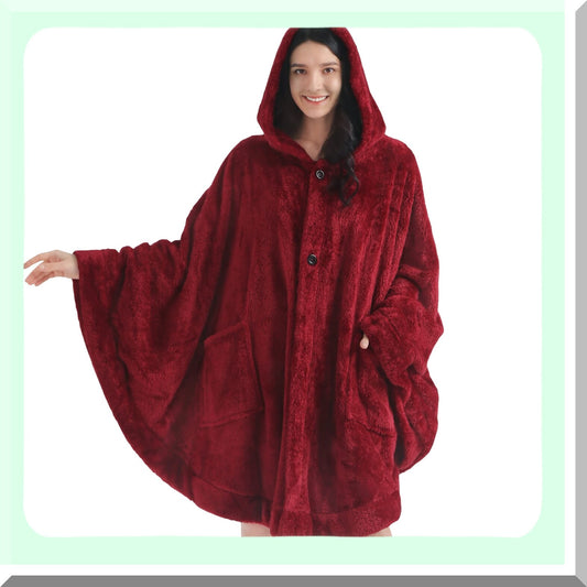 Cozy Sherpa Hooded Blanket Poncho - Fluffy Fleece Shawl Cape with Pockets, Warm Gift for Women, Wine Red