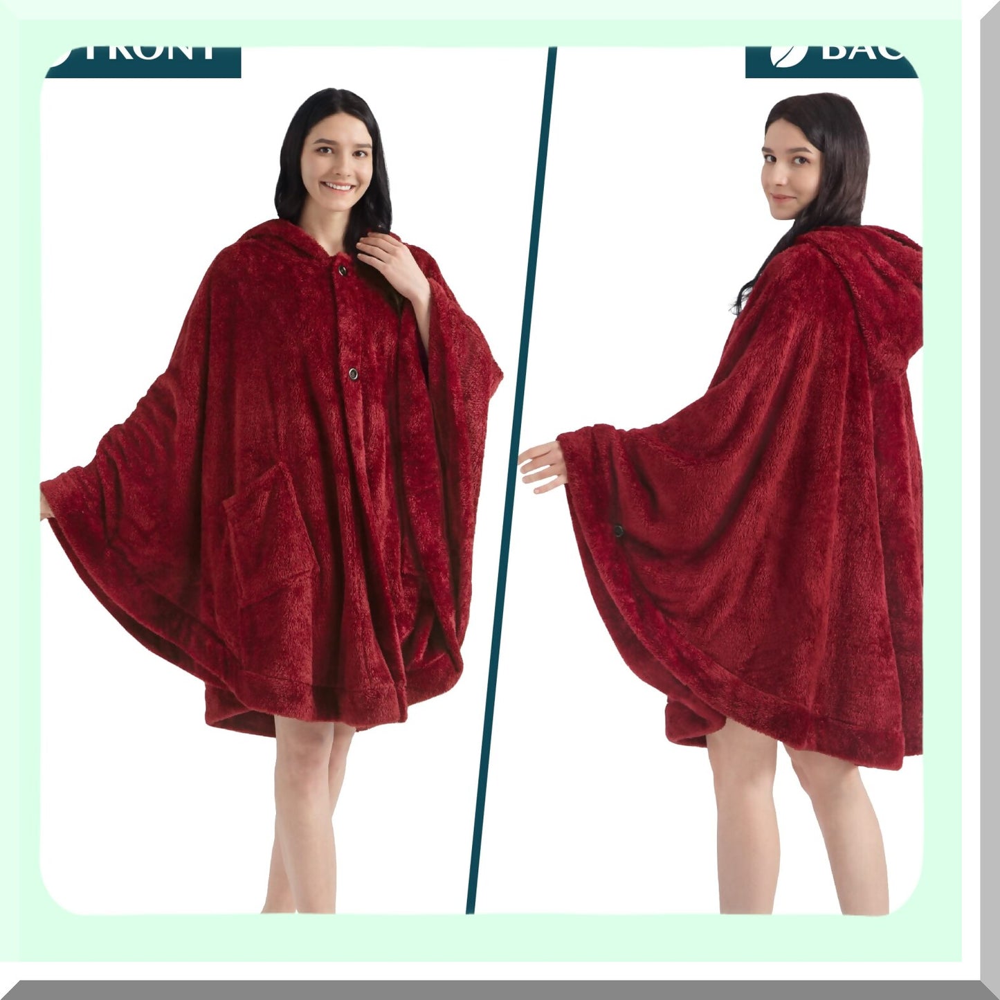 Cozy Sherpa Hooded Blanket Poncho - Fluffy Fleece Shawl Cape with Pockets, Warm Gift for Women, Wine Red