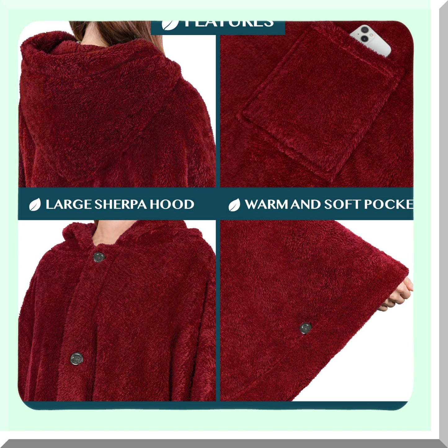 Cozy Sherpa Hooded Blanket Poncho - Fluffy Fleece Shawl Cape with Pockets, Warm Gift for Women, Wine Red
