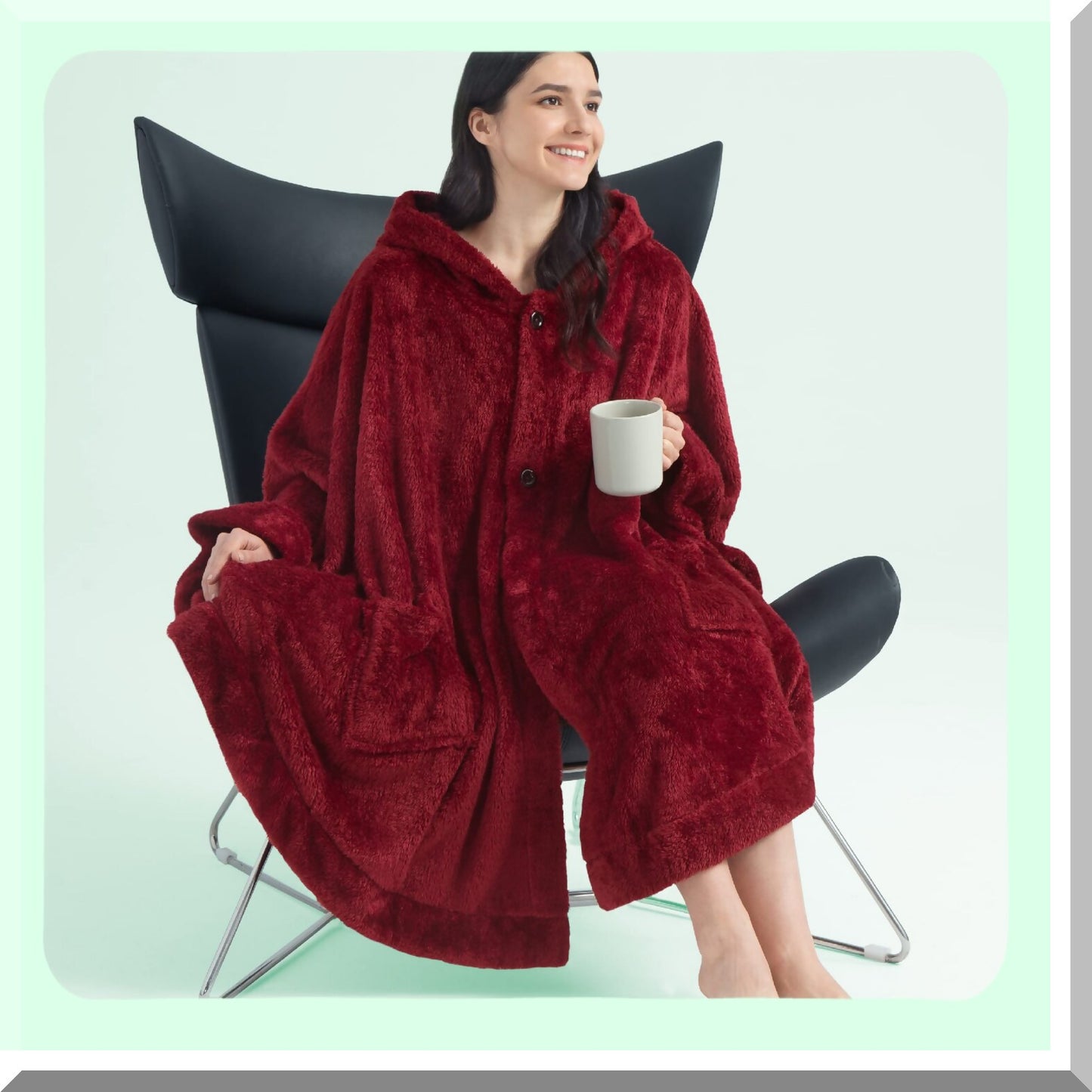 Cozy Sherpa Hooded Blanket Poncho - Fluffy Fleece Shawl Cape with Pockets, Warm Gift for Women, Wine Red