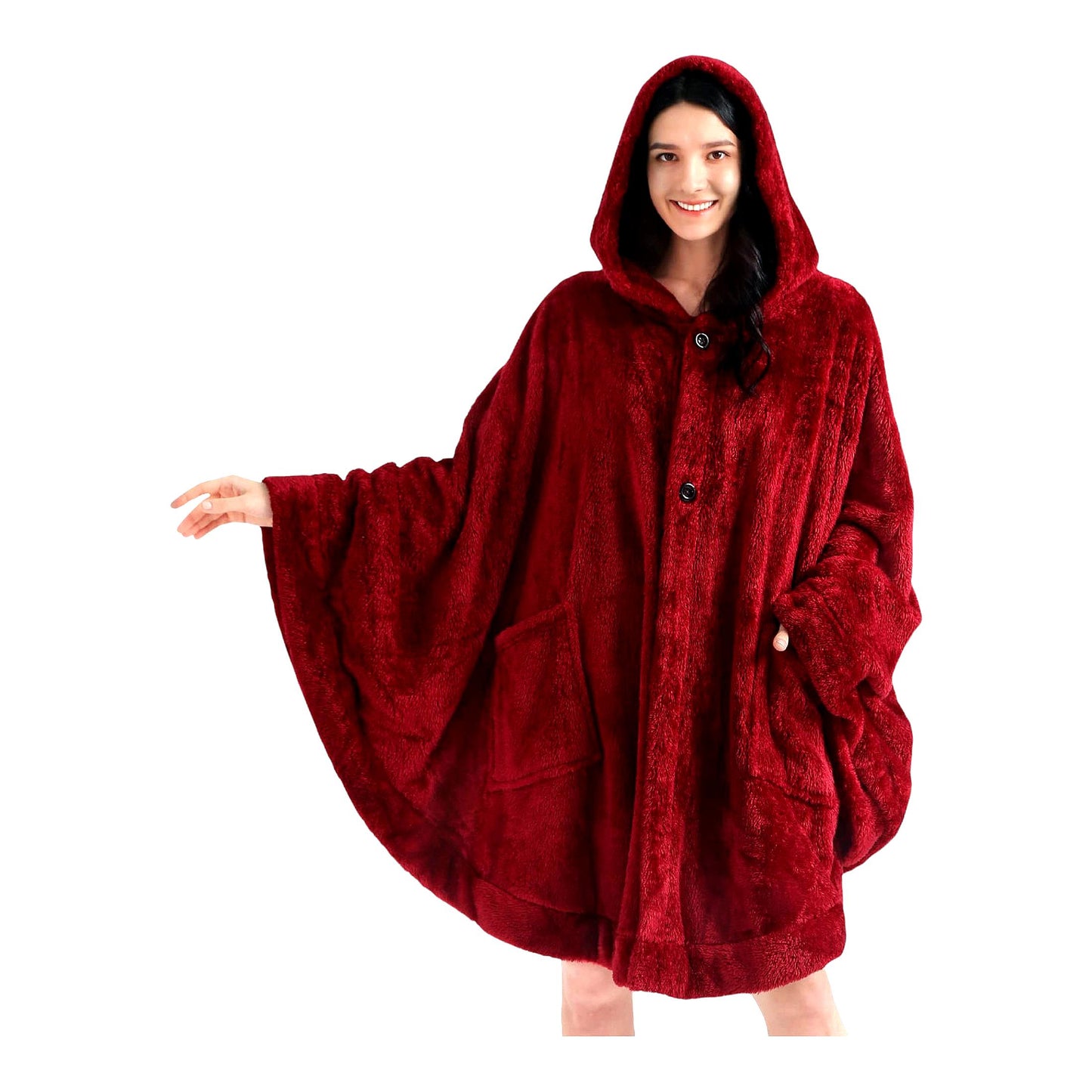 Cozy Sherpa Hooded Blanket Poncho - Fluffy Fleece Shawl Cape with Pockets, Warm Gift for Women, Wine Red