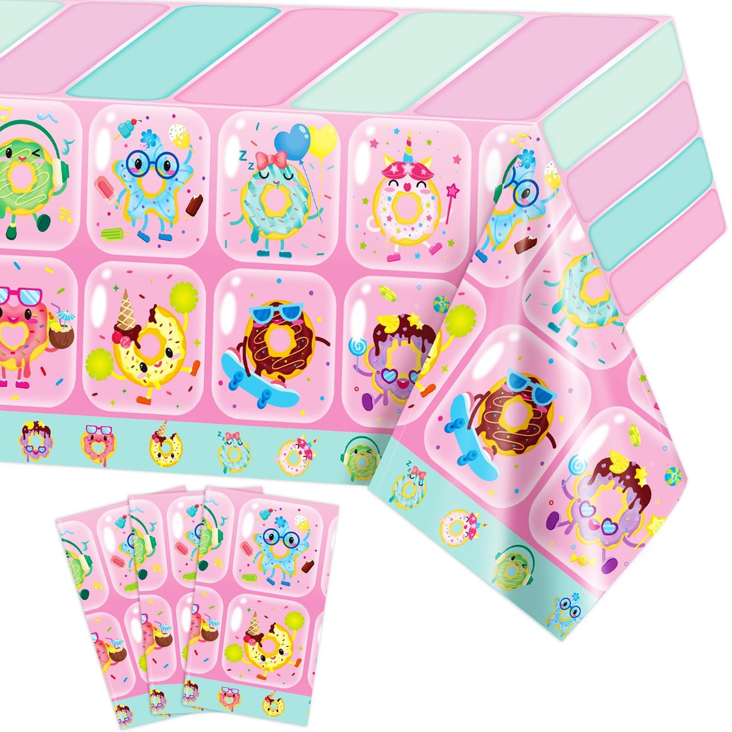 Donut Party Tablecloth Set - 3PCS Disposable Plastic Rectangular Decorations for Kids Baby Shower & Birthday Parties. Donut Grow Up Supplies 51" X 86"