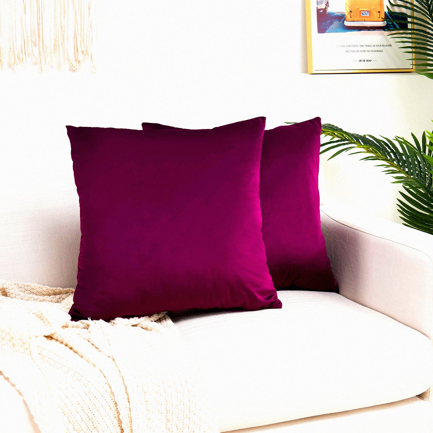 Velvet Soft Decorative Pillow Covers Set - 2 Pack Square Cushion Cases for Sofa Bedroom Car - 20x20 Eggplant Purple - Plush Home Decor Accents