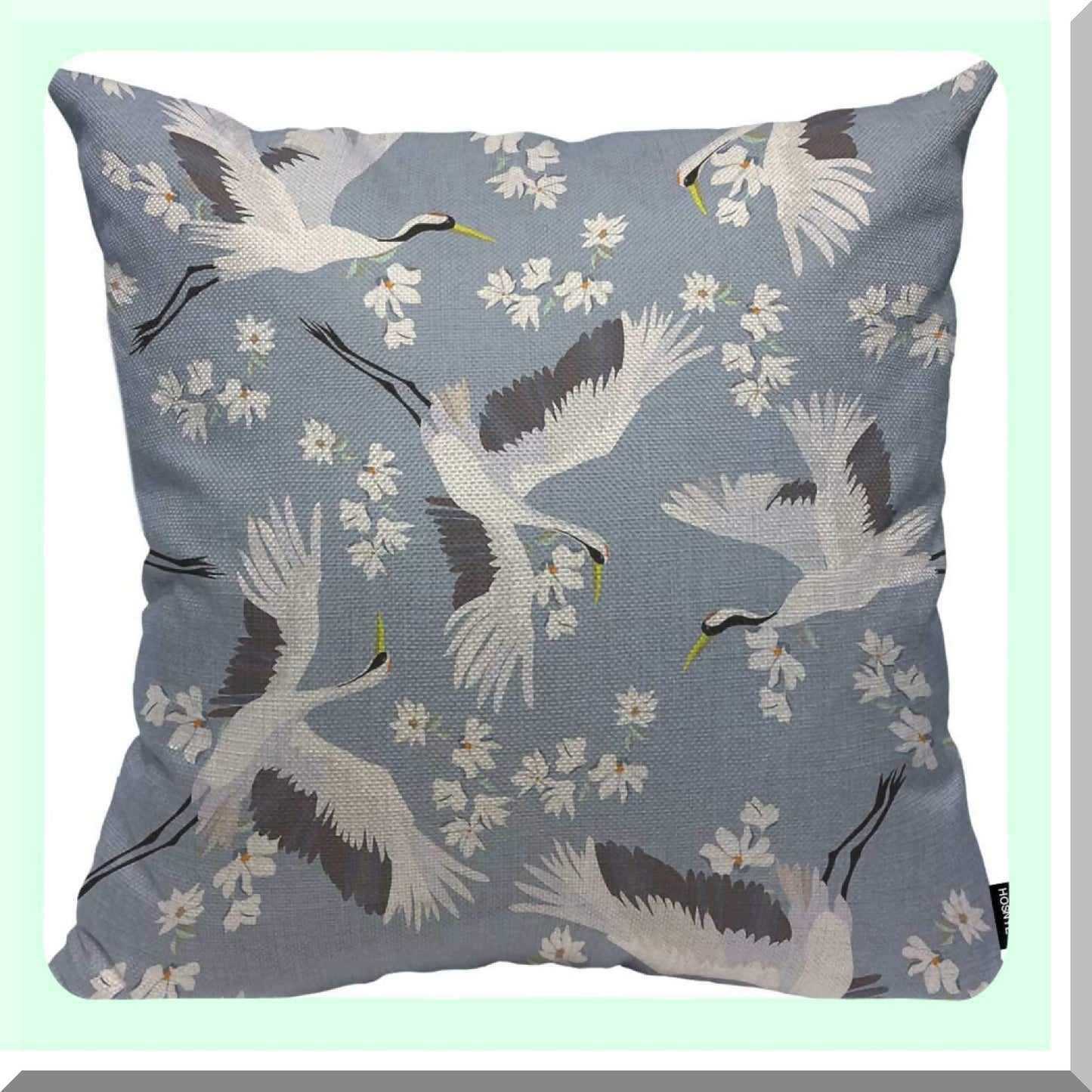Birdsong Bloom Cotton Linen Throw Pillow Case - Blue White Crane Flower Cushion Cover for Couch Bed Sofa Car - 16 x 16 inch