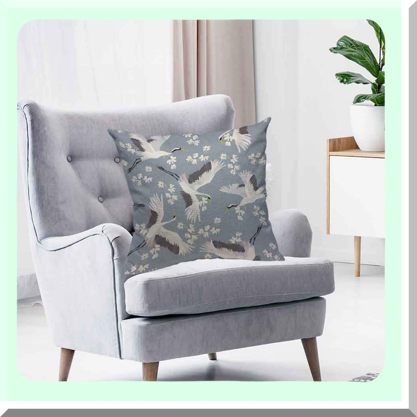 Birdsong Bloom Cotton Linen Throw Pillow Case - Blue White Crane Flower Cushion Cover for Couch Bed Sofa Car - 16 x 16 inch