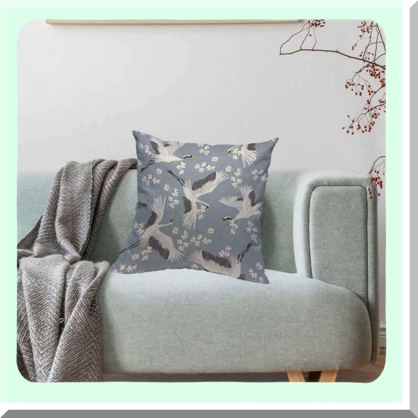 Birdsong Bloom Cotton Linen Throw Pillow Case - Blue White Crane Flower Cushion Cover for Couch Bed Sofa Car - 16 x 16 inch