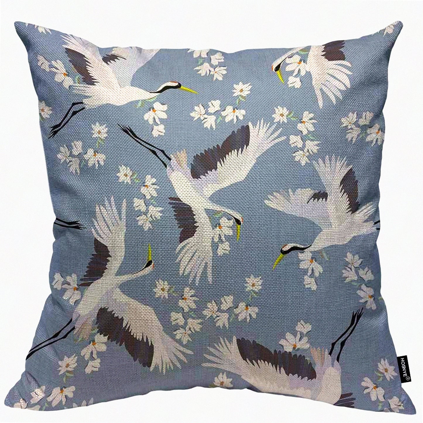 Birdsong Bloom Cotton Linen Throw Pillow Case - Blue White Crane Flower Cushion Cover for Couch Bed Sofa Car - 16 x 16 inch