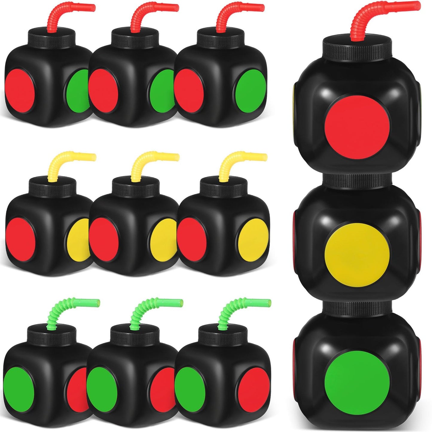 Race Car Traffic Light Cups - 10 oz Plastic Reusable Kids Favor with Straws and Lids. Perfect for Traffic Theme Racing Car Birthday Party Supplies! Pack of 12.