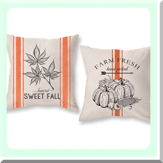 Harvest Pumpkin Farmhouse Pillowcase Set - Autumn Outdoor Decor - Fall Throw Pillow Covers 18x18 - Thanksgiving Patio Couch Sofa Decoration