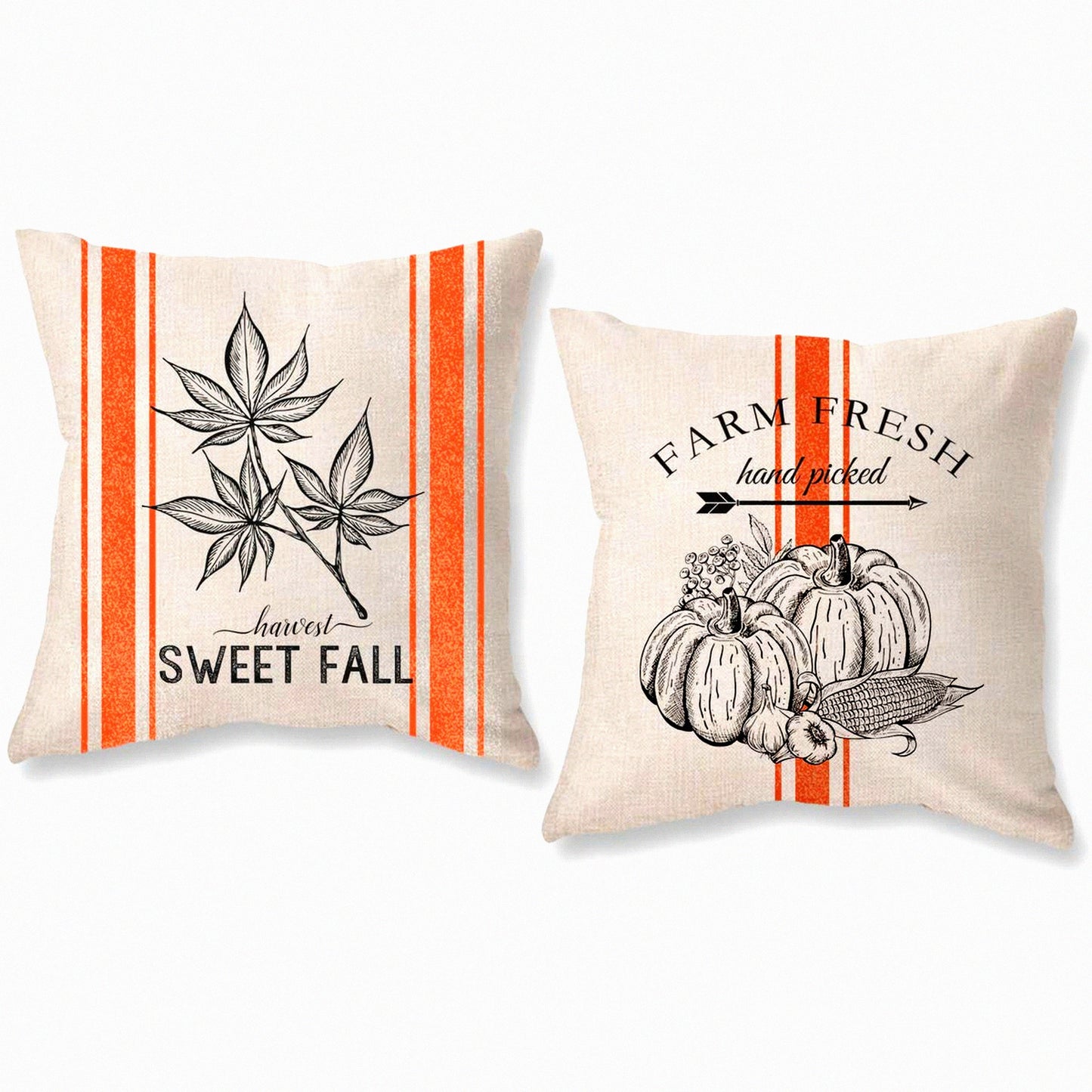 Harvest Pumpkin Farmhouse Pillowcase Set - Autumn Outdoor Decor - Fall Throw Pillow Covers 18x18 - Thanksgiving Patio Couch Sofa Decoration