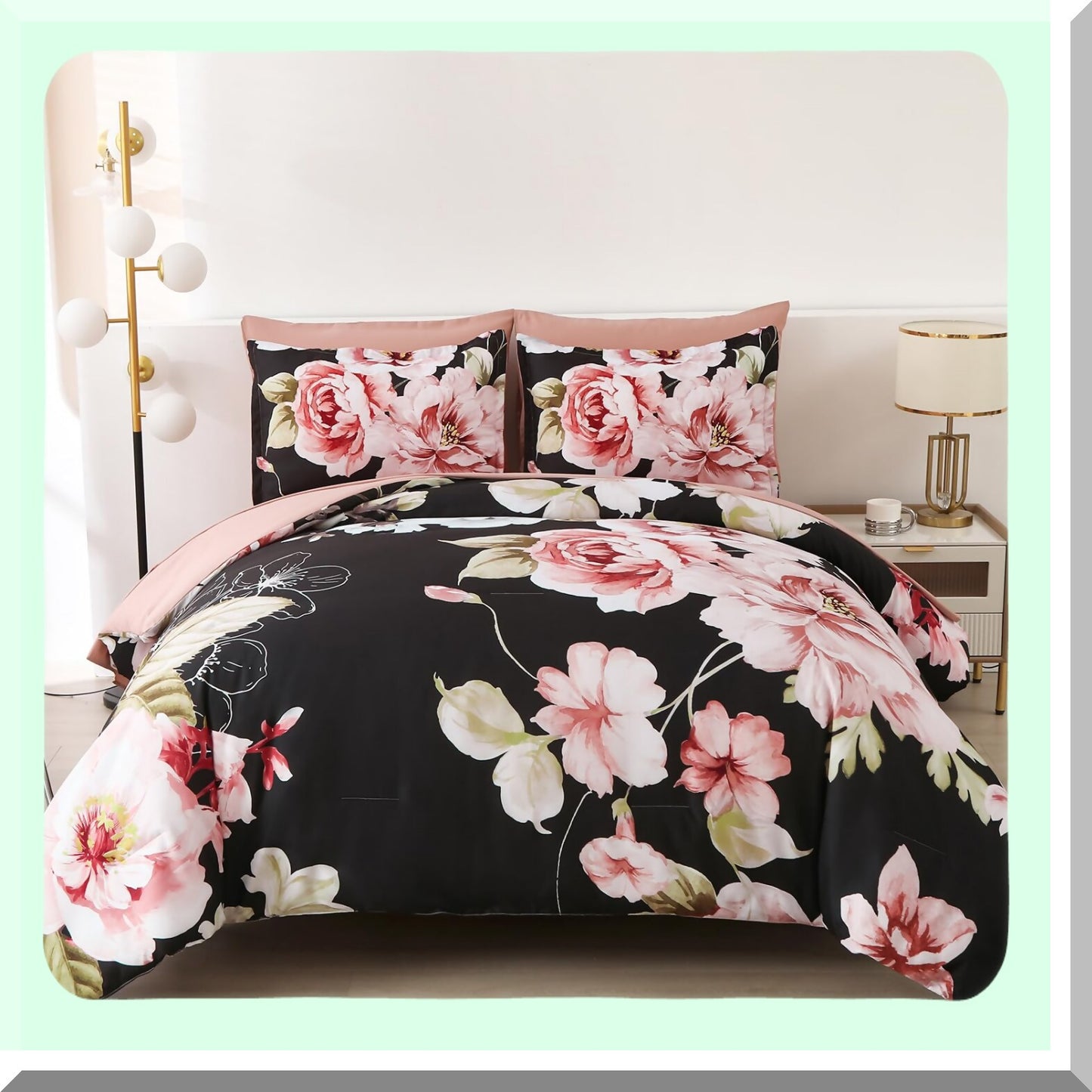 Black Flower Bliss 7-Piece Bedding Set - Floral Comforter & Sheet Set, Soft Microfiber, All Season Bed in a Bag - Queen Size