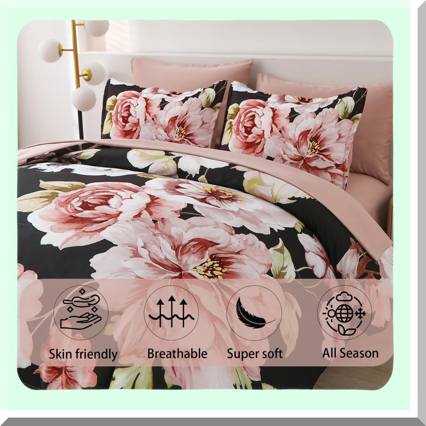 Black Flower Bliss 7-Piece Bedding Set - Floral Comforter & Sheet Set, Soft Microfiber, All Season Bed in a Bag - Queen Size