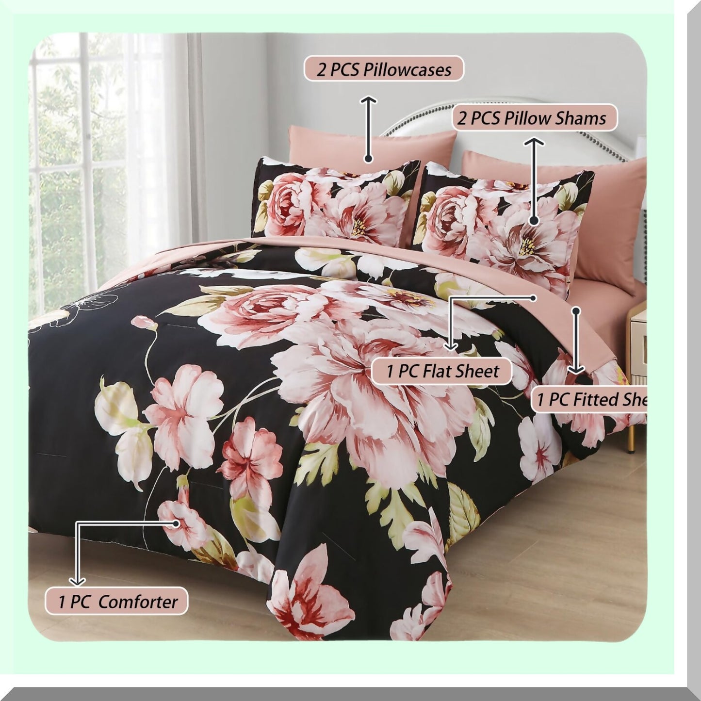 Black Flower Bliss 7-Piece Bedding Set - Floral Comforter & Sheet Set, Soft Microfiber, All Season Bed in a Bag - Queen Size