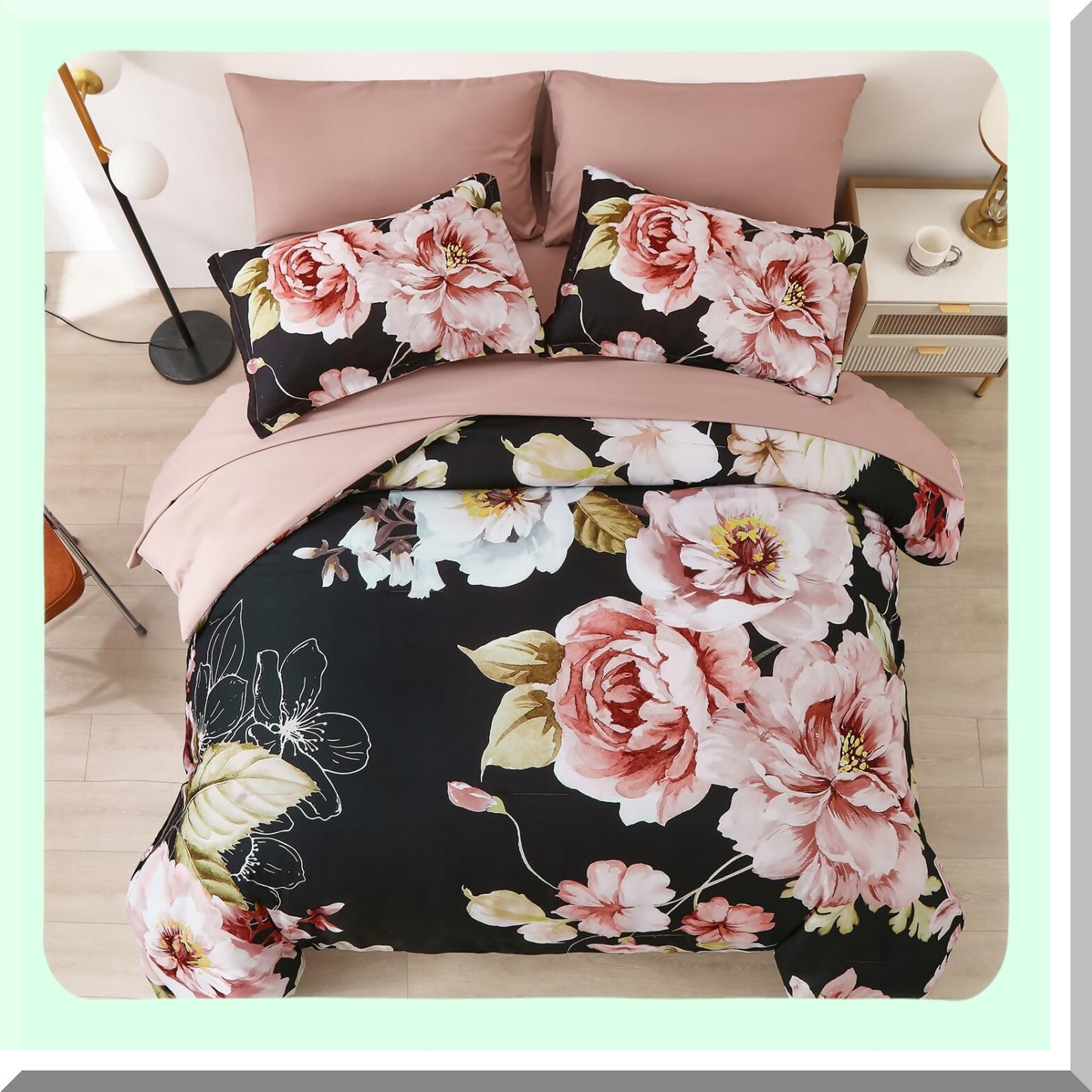 Black Flower Bliss 7-Piece Bedding Set - Floral Comforter & Sheet Set, Soft Microfiber, All Season Bed in a Bag - Queen Size