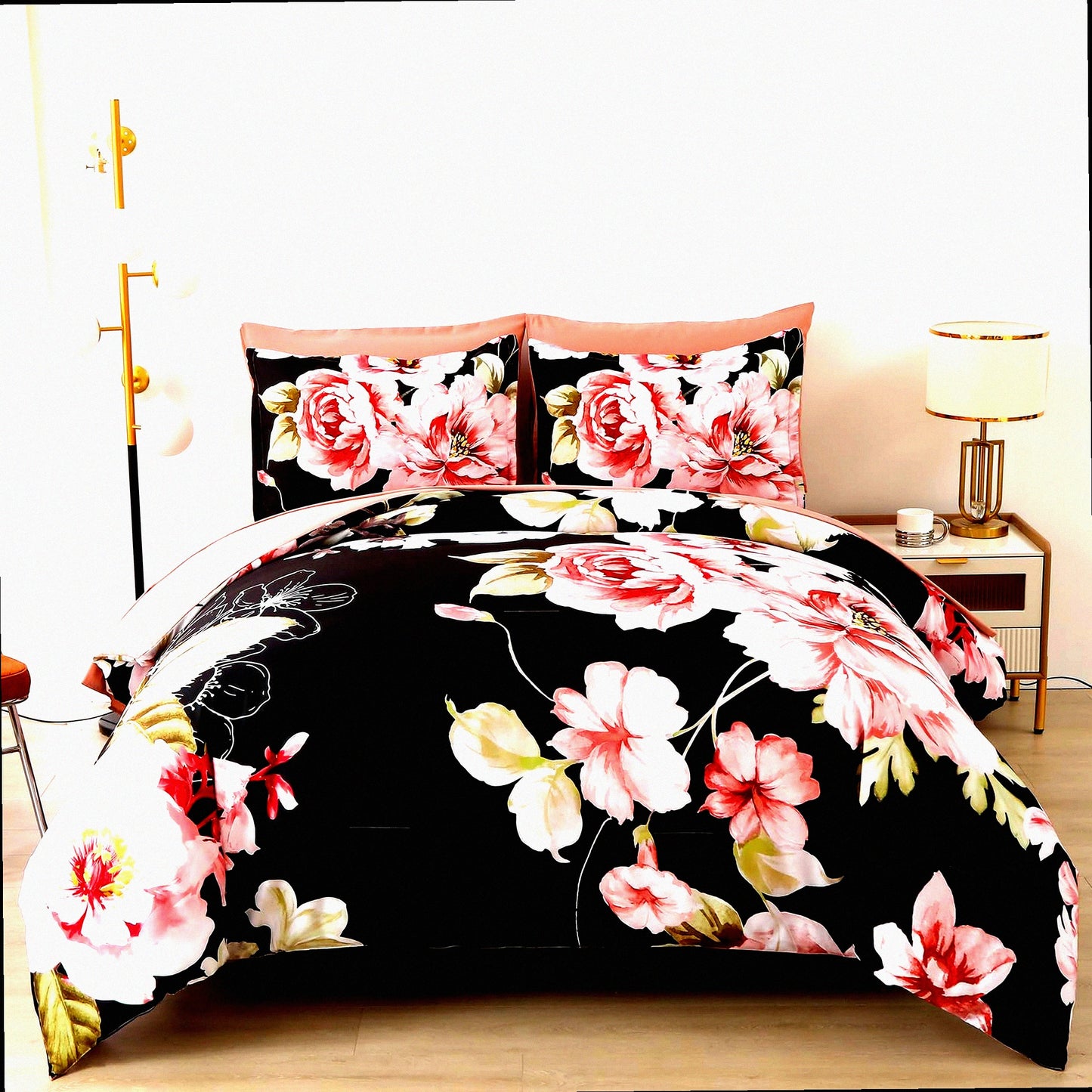 Black Flower Bliss 7-Piece Bedding Set - Floral Comforter & Sheet Set, Soft Microfiber, All Season Bed in a Bag - Queen Size