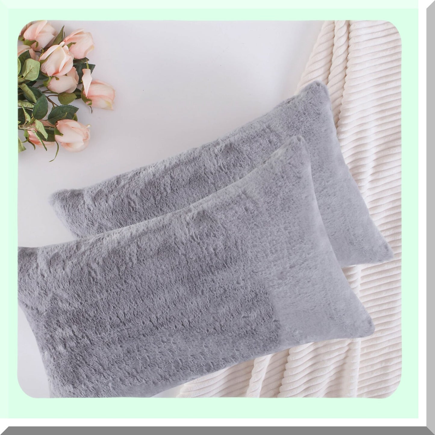 Luxury Mongolian Velvet Sheep Fluffy Throw Pillow Cover Set - Plush Rectangular Cushion Case for Bed Decor, Grey, 12x20 Inches, Pack of 2