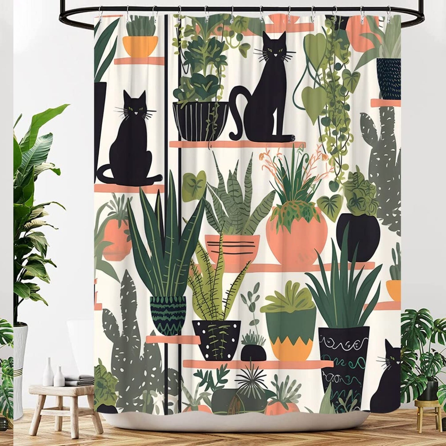 Plants and Cat Shower Curtain 70x70in with Hooks