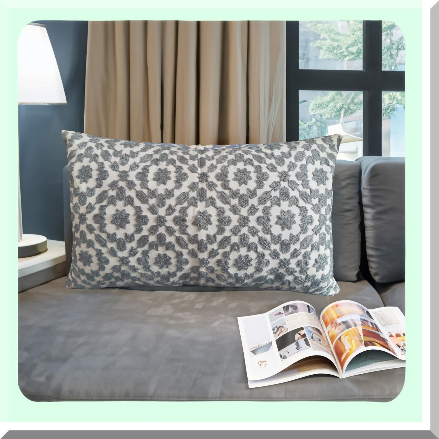 Trellis Embroidered Lumbar Pillow Cover - Grey & White Decorative Bolster Cushion Shell - Cotton Canvas Throw Pillowcase - 12x20 inch - Gray Silver - 1 PC