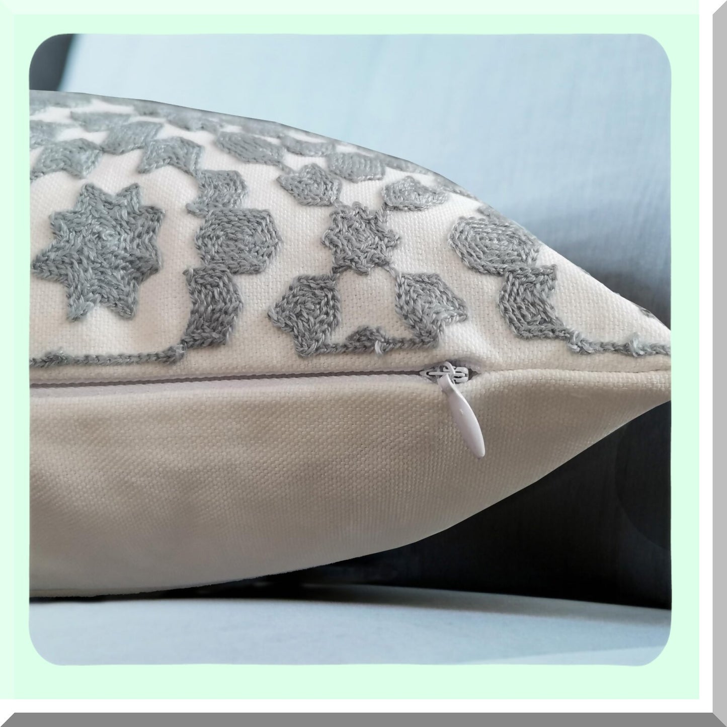 Trellis Embroidered Lumbar Pillow Cover - Grey & White Decorative Bolster Cushion Shell - Cotton Canvas Throw Pillowcase - 12x20 inch - Gray Silver - 1 PC