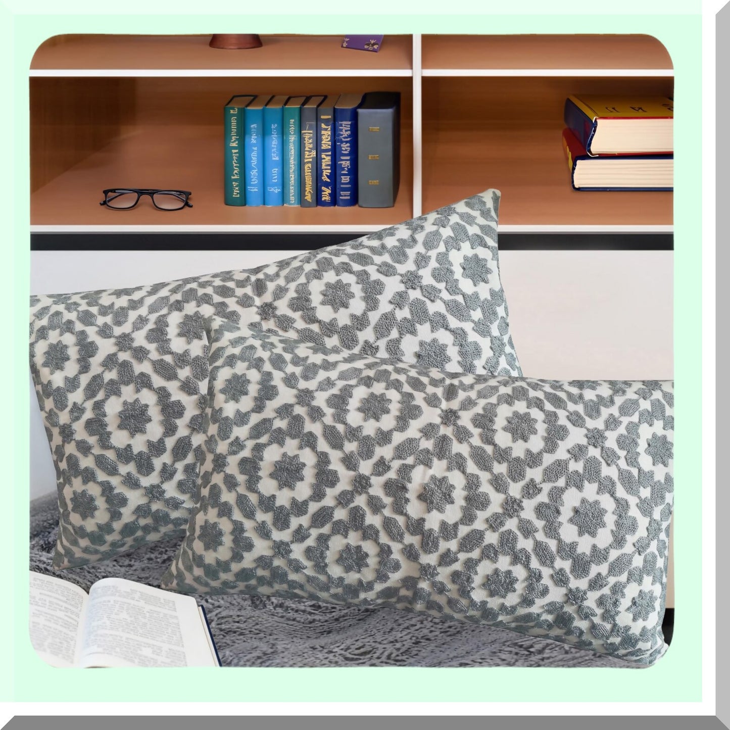 Trellis Embroidered Lumbar Pillow Cover - Grey & White Decorative Bolster Cushion Shell - Cotton Canvas Throw Pillowcase - 12x20 inch - Gray Silver - 1 PC