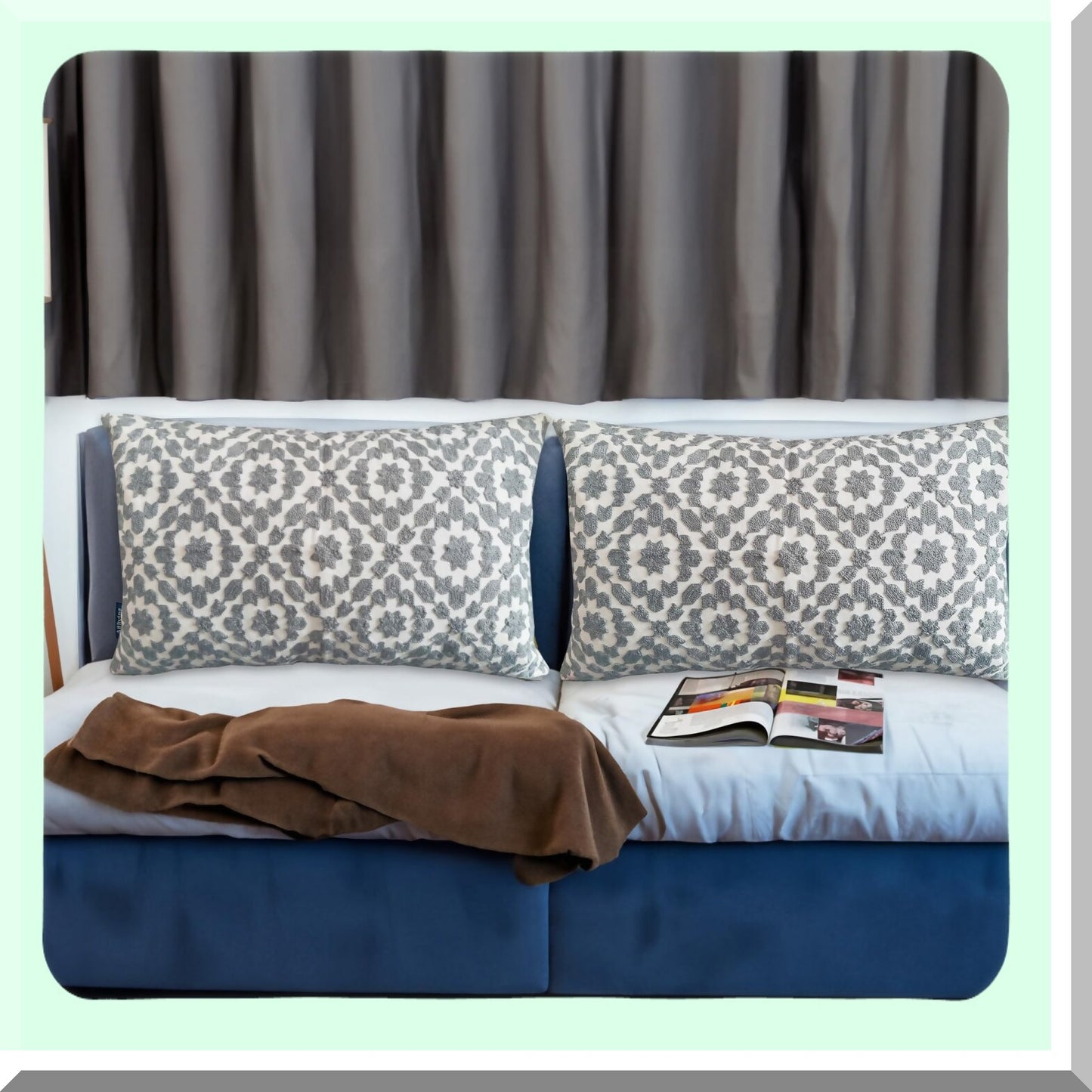 Trellis Embroidered Lumbar Pillow Cover - Grey & White Decorative Bolster Cushion Shell - Cotton Canvas Throw Pillowcase - 12x20 inch - Gray Silver - 1 PC