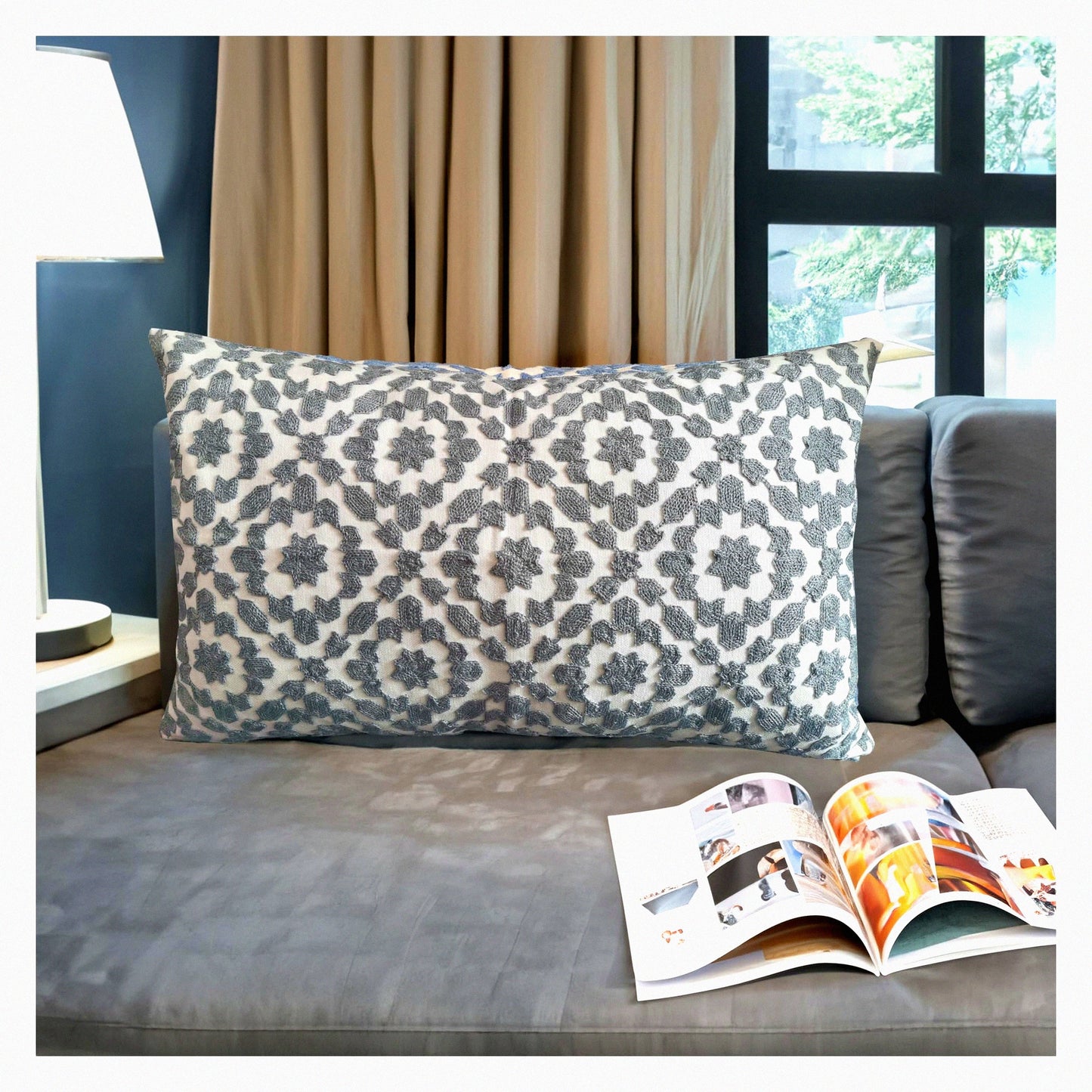 Trellis Embroidered Lumbar Pillow Cover - Grey & White Decorative Bolster Cushion Shell - Cotton Canvas Throw Pillowcase - 12x20 inch - Gray Silver - 1 PC