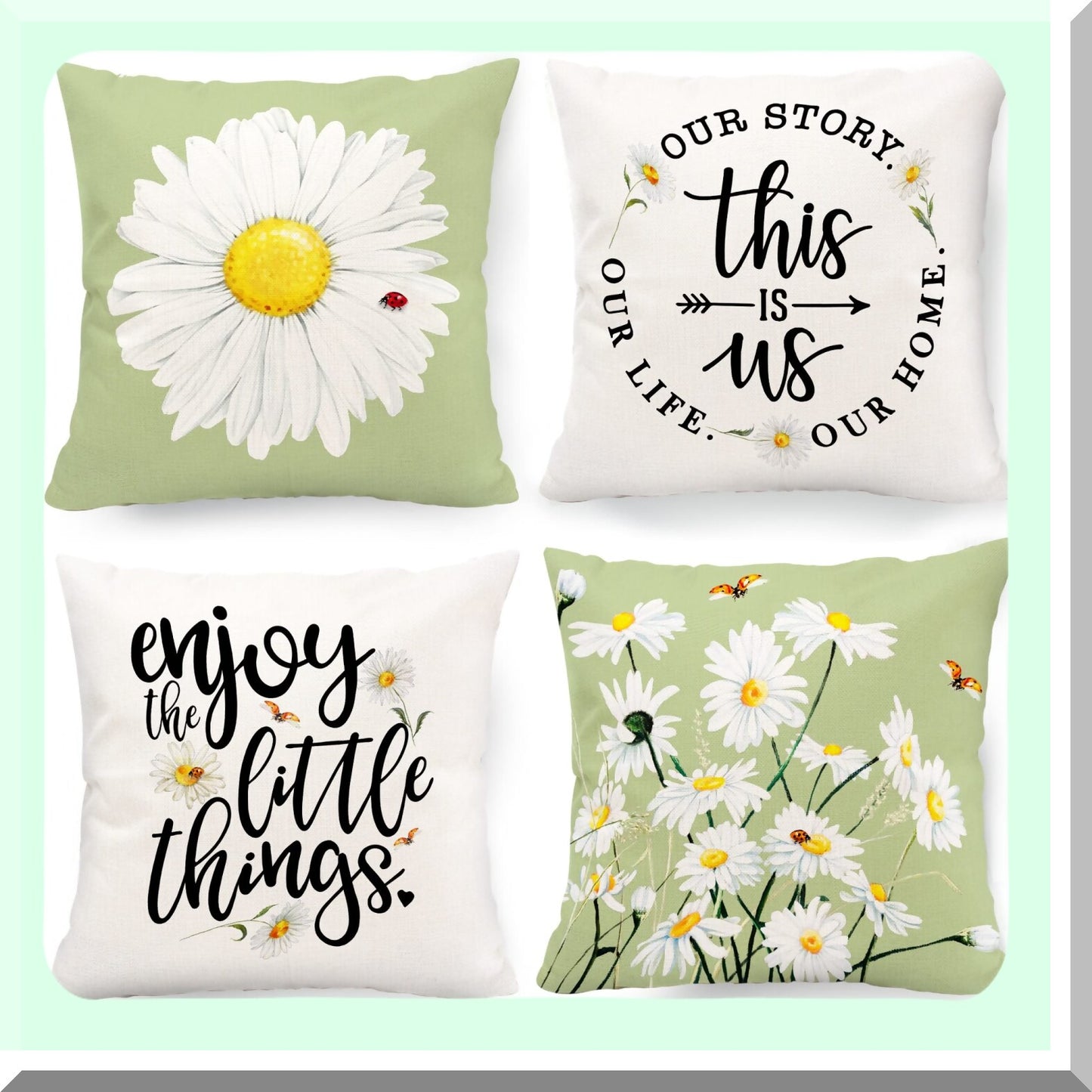 Daisy Bloom Pillow Covers Set of 4 - 18x18 Inch Farmhouse Decorative Throw Pillows for Couch Sofa Indoor Outdoor, Spring Summer Light Green Floral