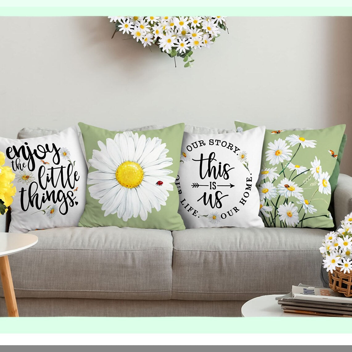 Daisy Bloom Pillow Covers Set of 4 - 18x18 Inch Farmhouse Decorative Throw Pillows for Couch Sofa Indoor Outdoor, Spring Summer Light Green Floral