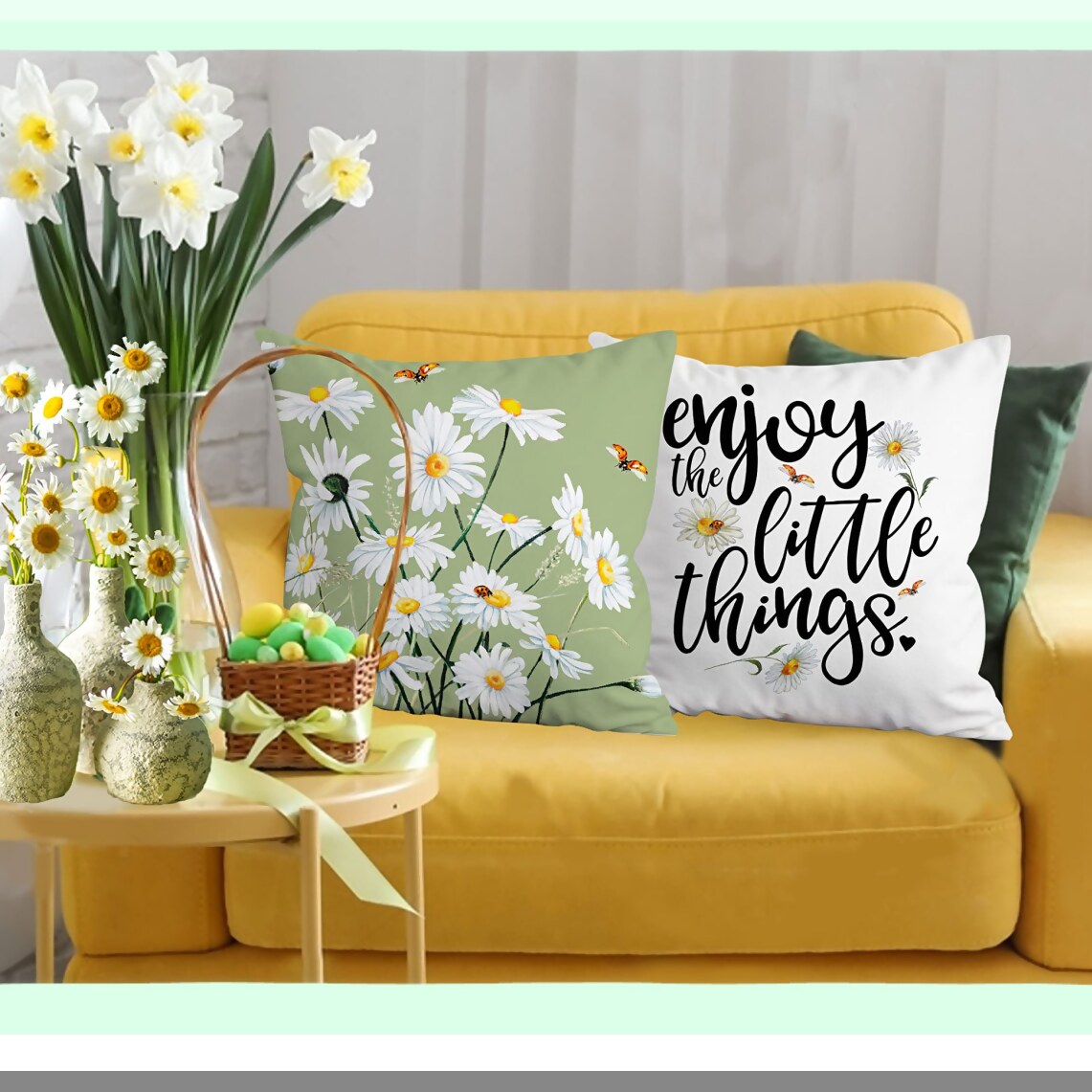 Daisy Bloom Pillow Covers Set of 4 - 18x18 Inch Farmhouse Decorative Throw Pillows for Couch Sofa Indoor Outdoor, Spring Summer Light Green Floral