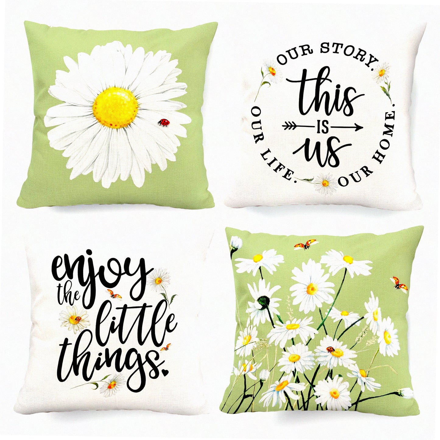 Daisy Bloom Pillow Covers Set of 4 - 18x18 Inch Farmhouse Decorative Throw Pillows for Couch Sofa Indoor Outdoor, Spring Summer Light Green Floral