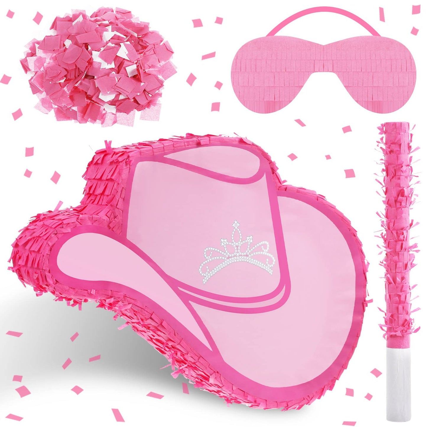 Western Rodeo Party Pack - Cowgirl Hat Pinata Set with Blindfold & Bat. Perfect for Cowboy Theme Birthdays! Includes Party Favors & Candy Holder.