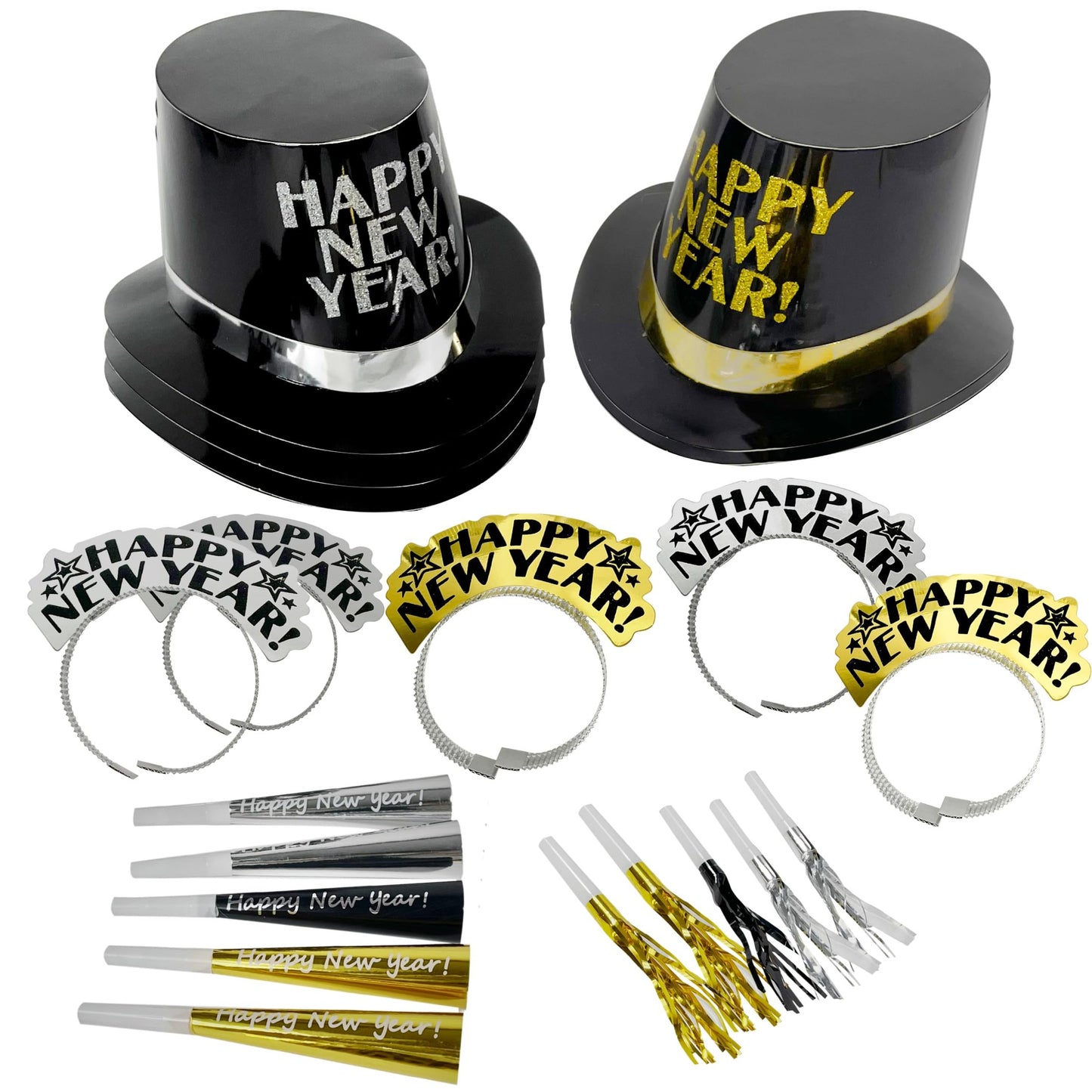 Ultimate NYE Party Pack - 20 Piece Set for 10 Guests with Top Hats, Tiaras, and Noisemakers in Black, Gold, and Silver - New Years Eve Decor Kit 2024