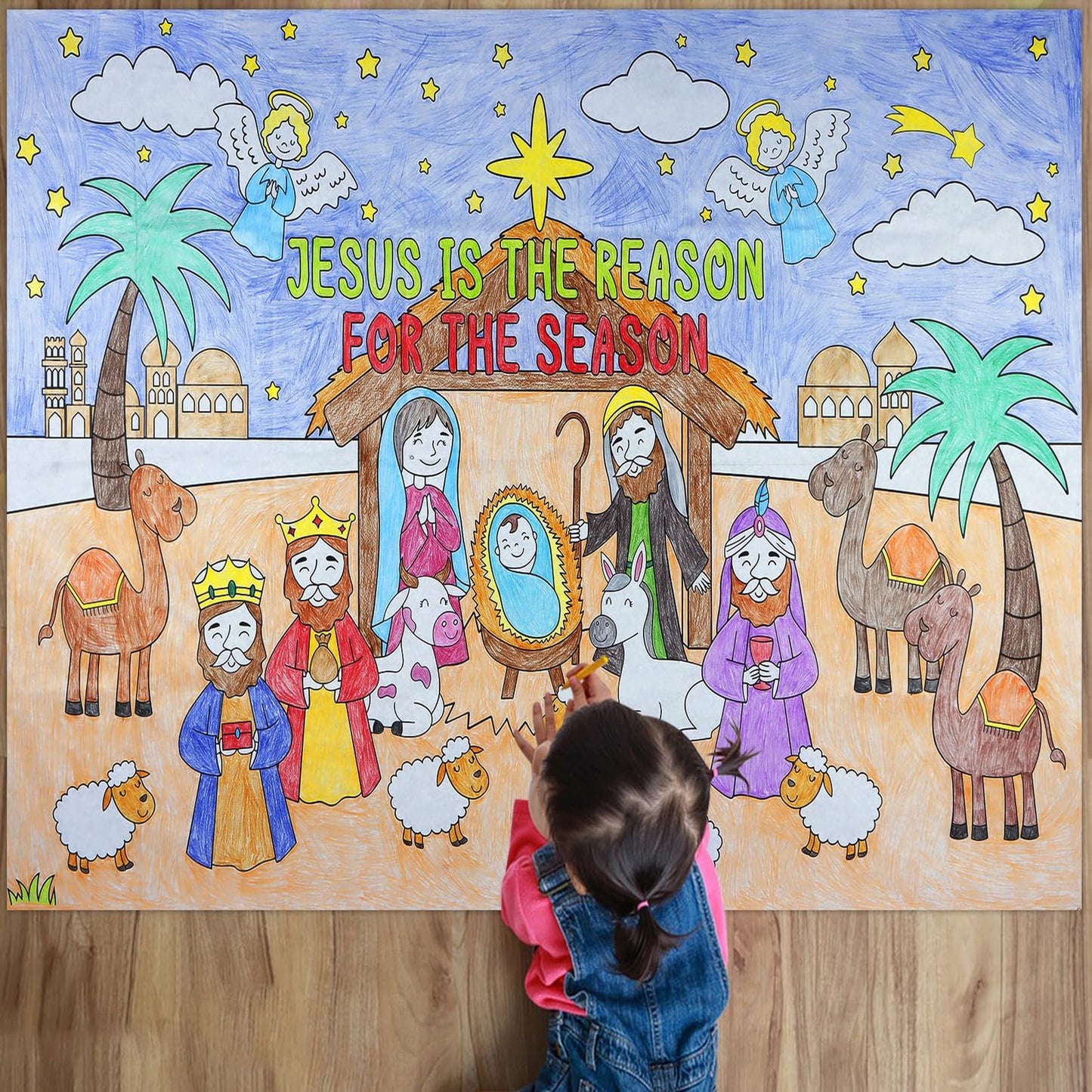 Giant Nativity Scene Coloring Poster for Kids