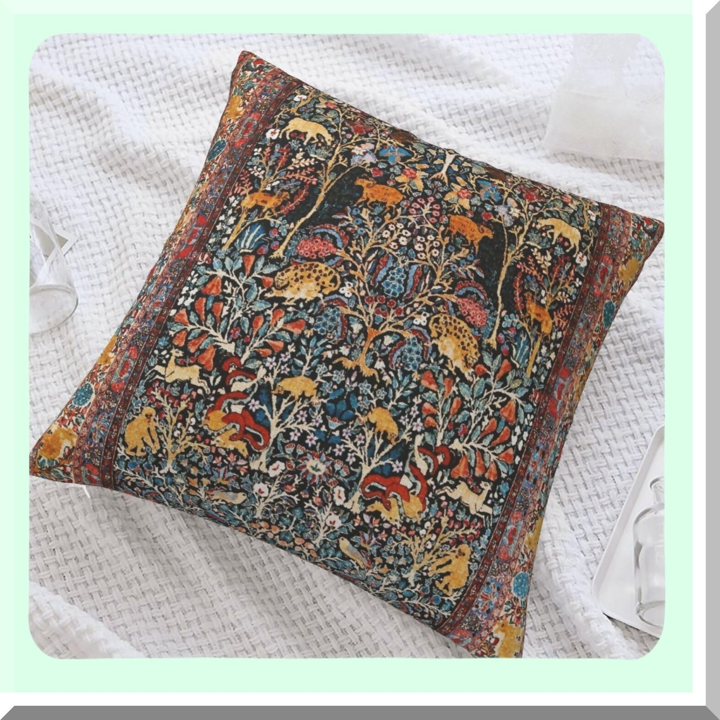 Velvet Persian Charm Throw Pillow - Antique 18x18 Inch Decorative Cushion Cover for Home Living Room Bed Couch Car - Soft Carpet Inspired