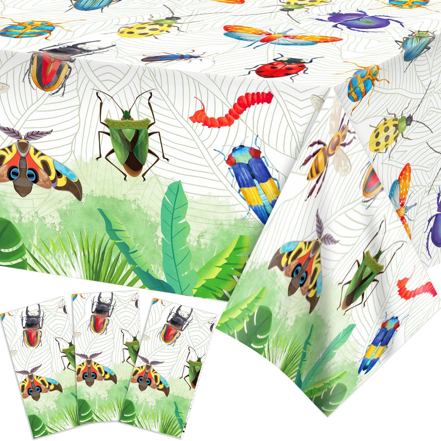 Bug Bash Table Covers - 3 Pack Insect Party Tablecloths for Bug Birthday Party Decorations. Disposable, 54 x 87 inches, Spring Summer Theme.
