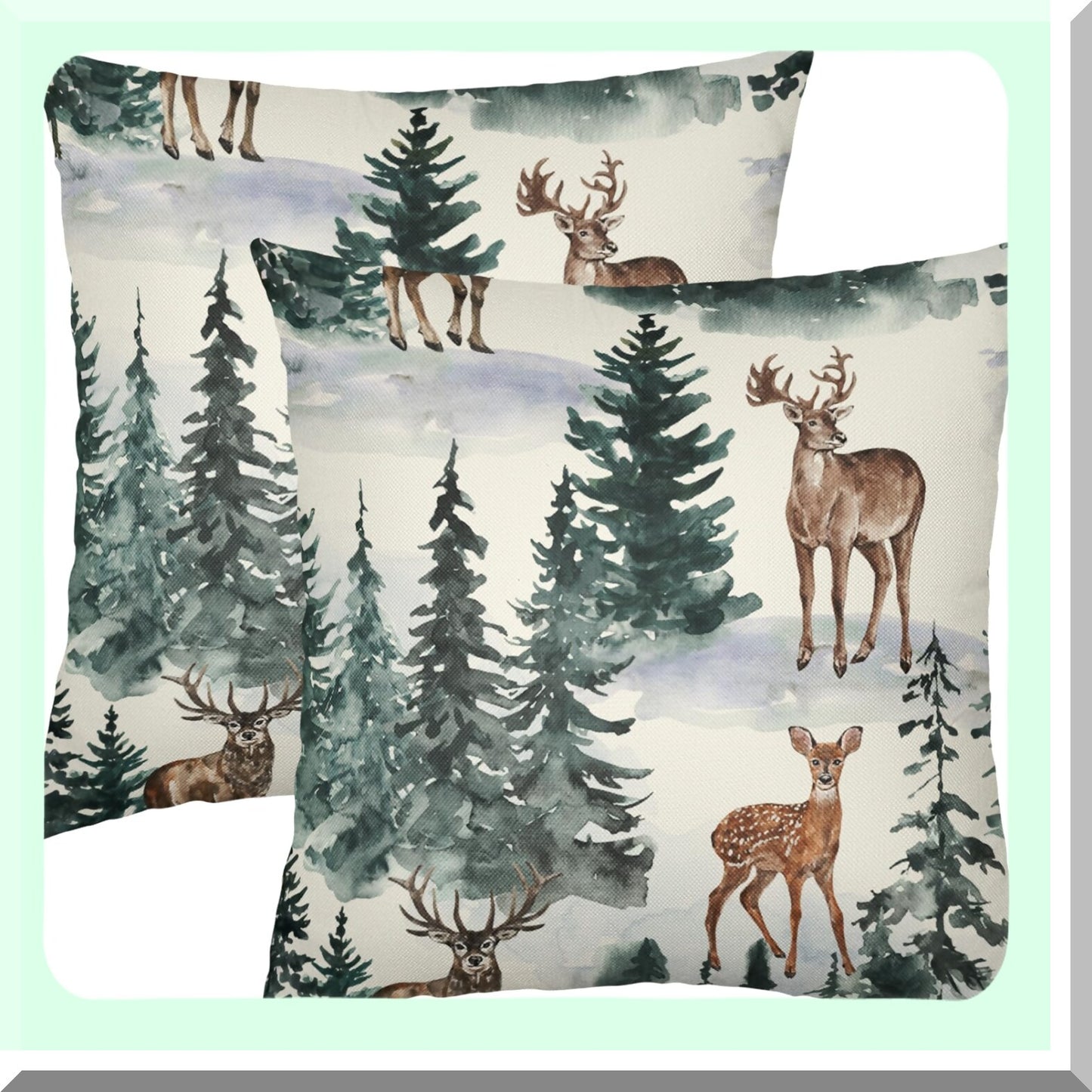 Winter Woods Pillowcase Set - Rustic Deer Tree Outdoor Decor - Farmhouse Holiday Cushion Covers - 18x18 Throw Pillows for Sofa Bed - Brown Green Linen Case