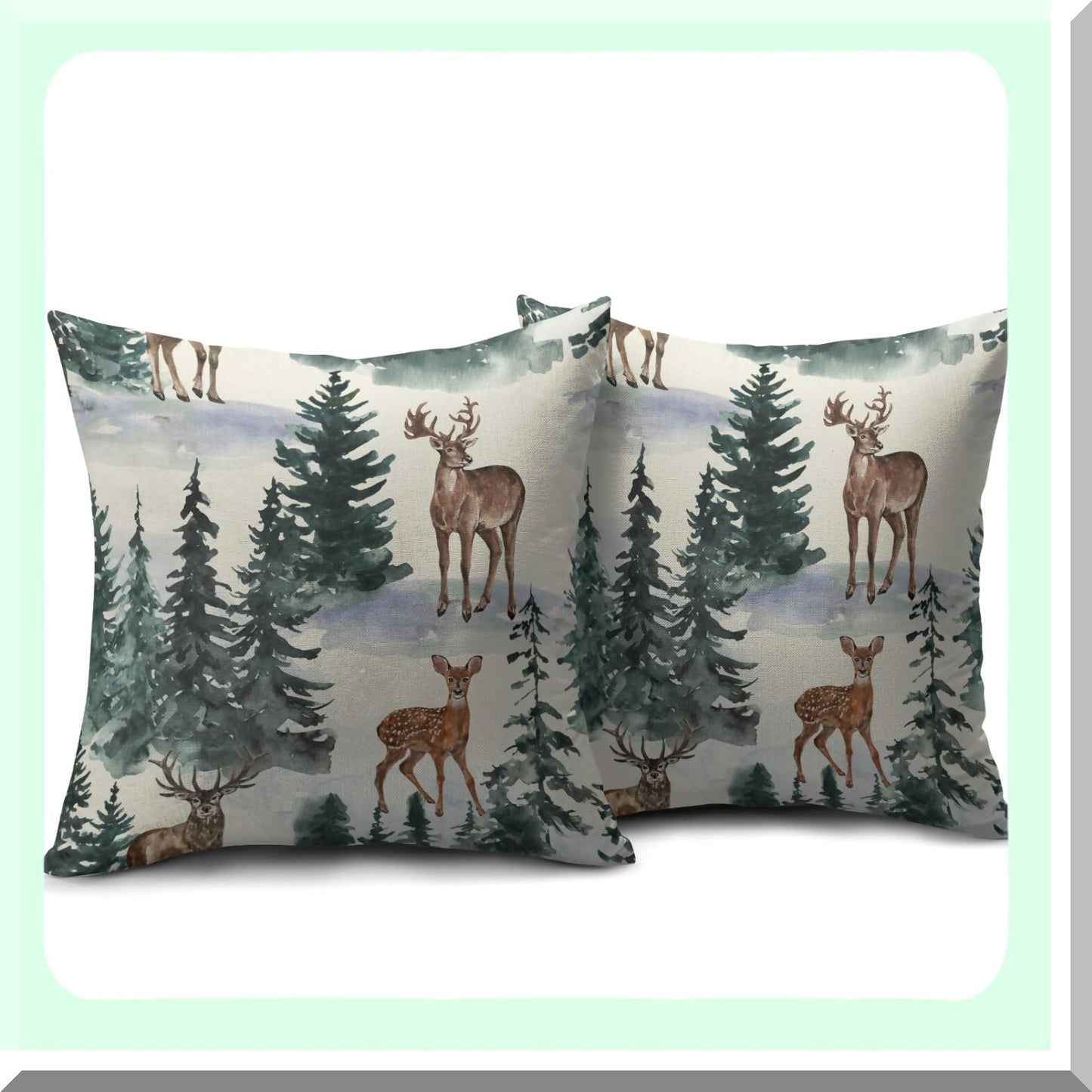 Winter Woods Pillowcase Set - Rustic Deer Tree Outdoor Decor - Farmhouse Holiday Cushion Covers - 18x18 Throw Pillows for Sofa Bed - Brown Green Linen Case