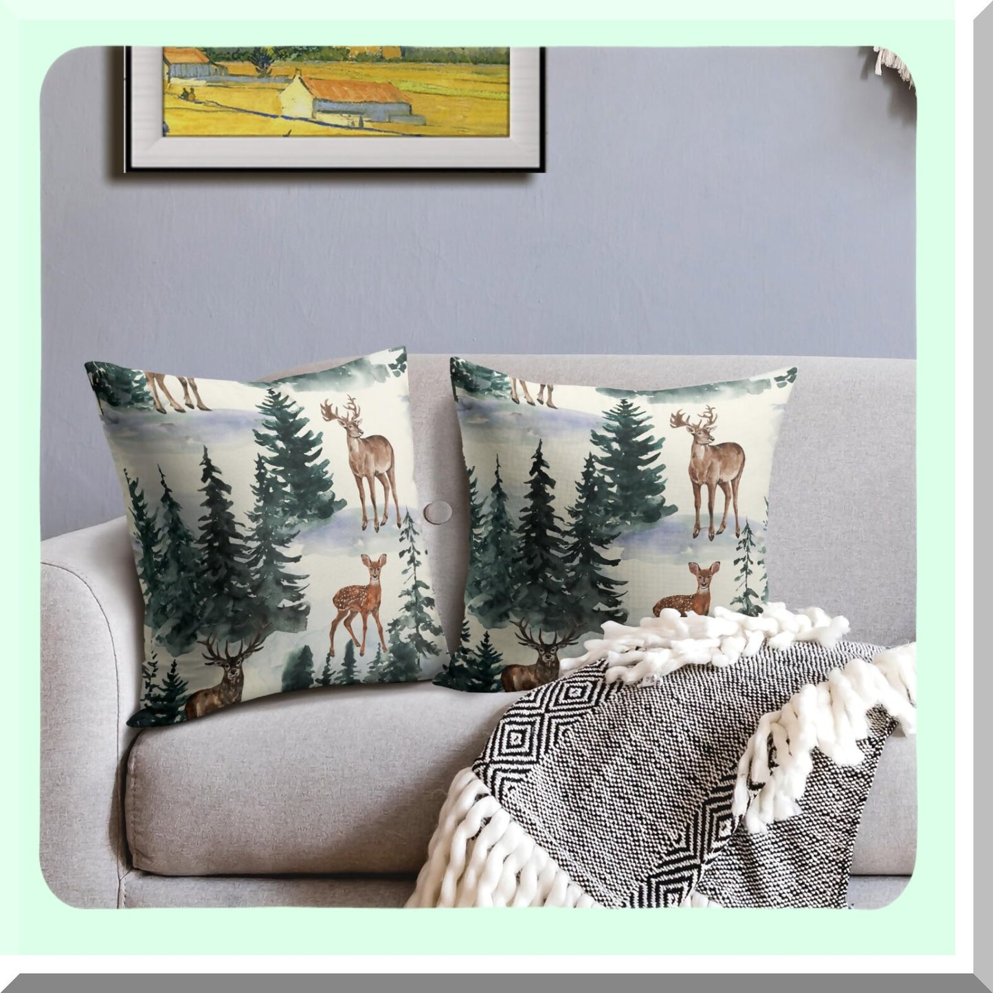 Winter Woods Pillowcase Set - Rustic Deer Tree Outdoor Decor - Farmhouse Holiday Cushion Covers - 18x18 Throw Pillows for Sofa Bed - Brown Green Linen Case