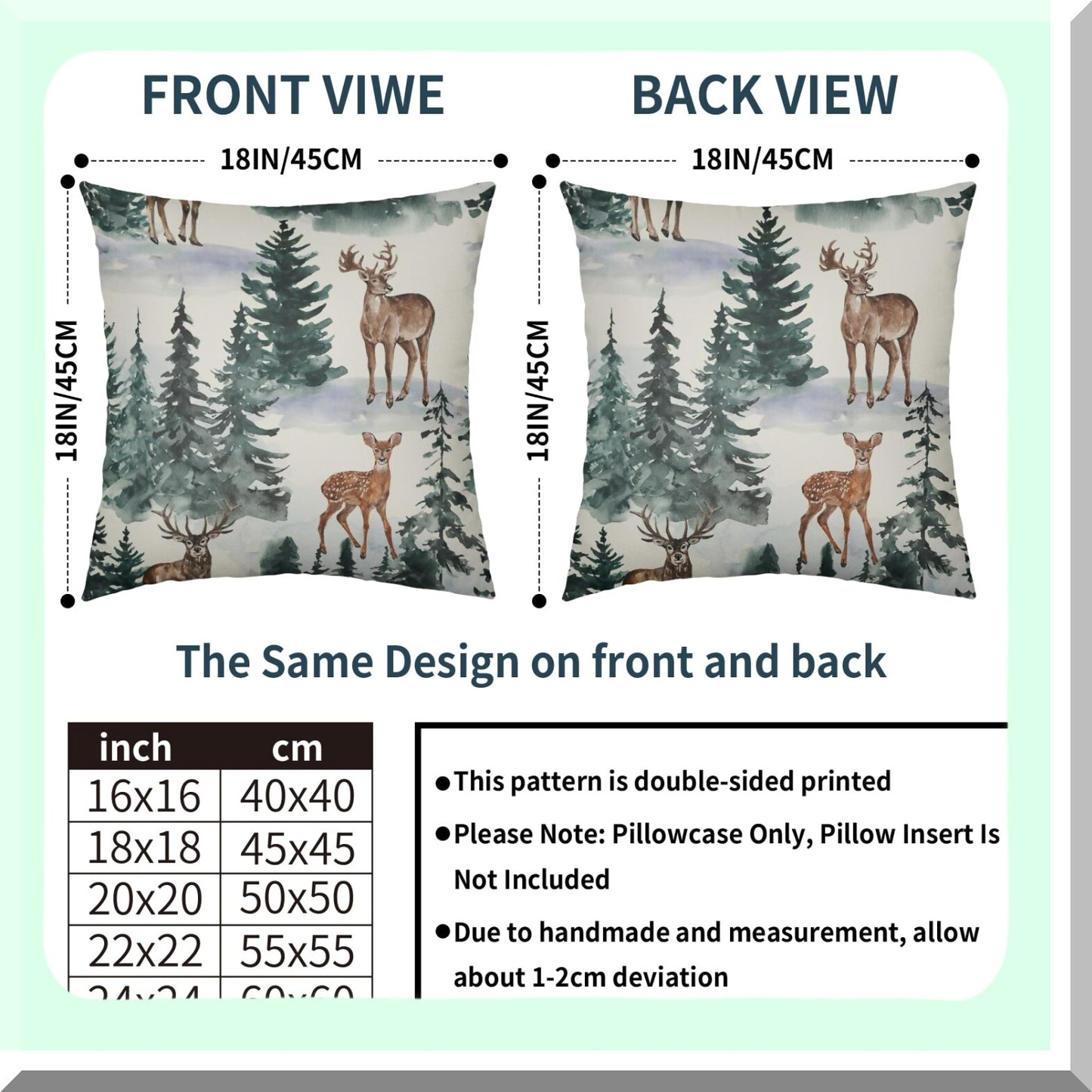 Winter Woods Pillowcase Set - Rustic Deer Tree Outdoor Decor - Farmhouse Holiday Cushion Covers - 18x18 Throw Pillows for Sofa Bed - Brown Green Linen Case