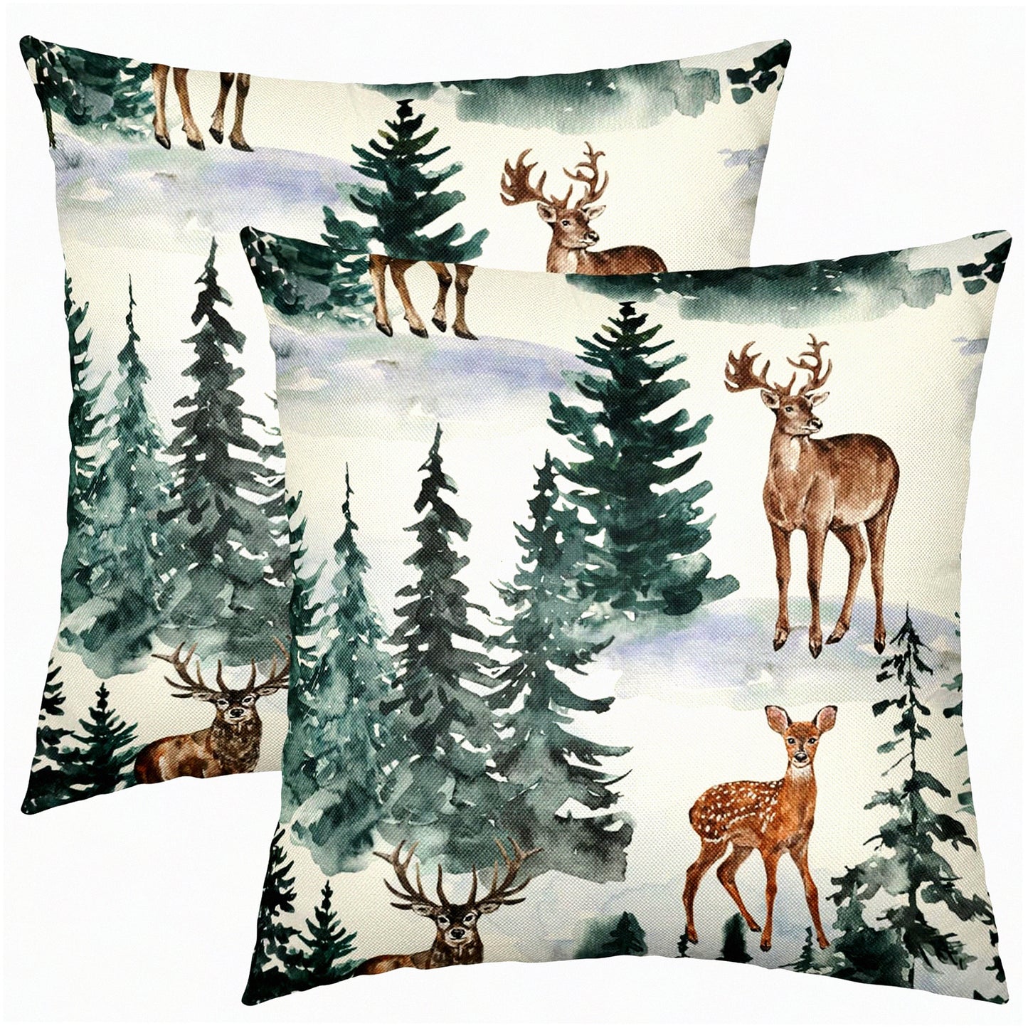 Winter Woods Pillowcase Set - Rustic Deer Tree Outdoor Decor - Farmhouse Holiday Cushion Covers - 18x18 Throw Pillows for Sofa Bed - Brown Green Linen Case