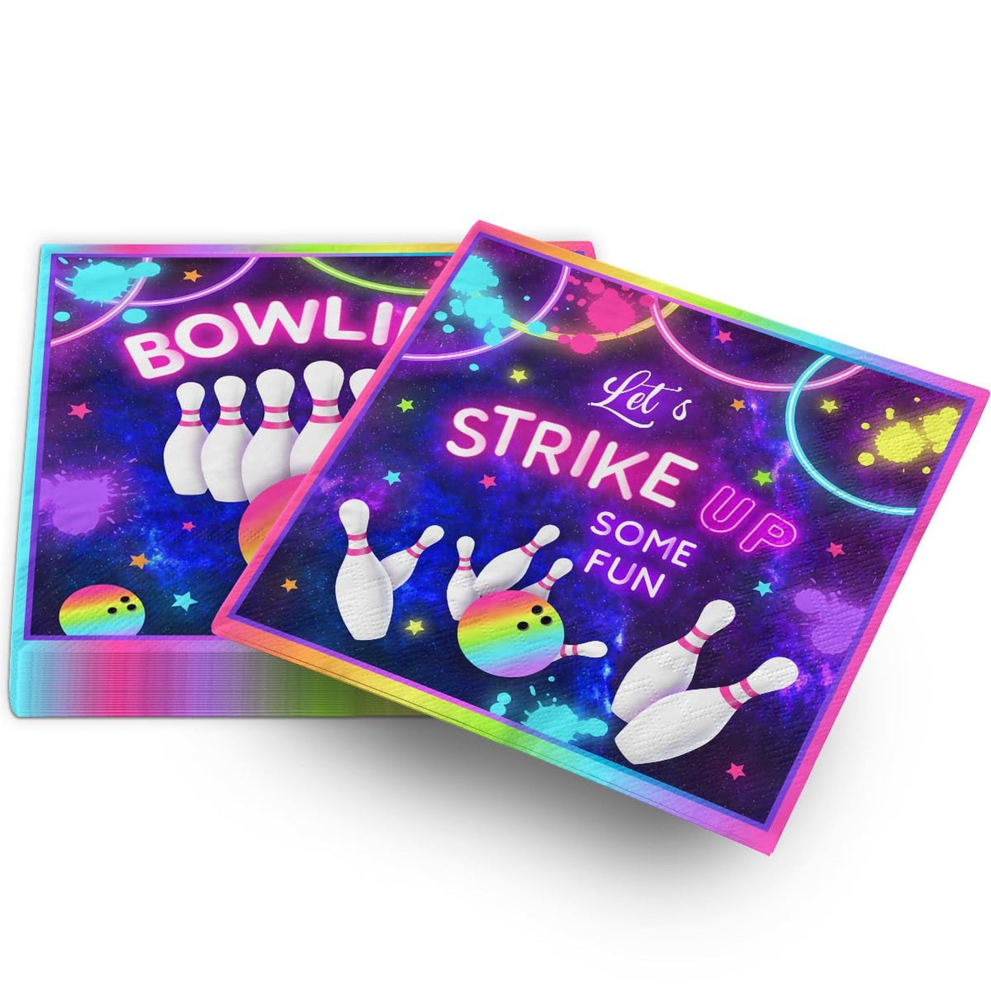 Rainbow Glow Bowling Party Napkins - Strike Up Fun with 40 Disposable Paper Napkins for Girls Birthday Decorations! Neon Rainbow 2 Ply Napkins.