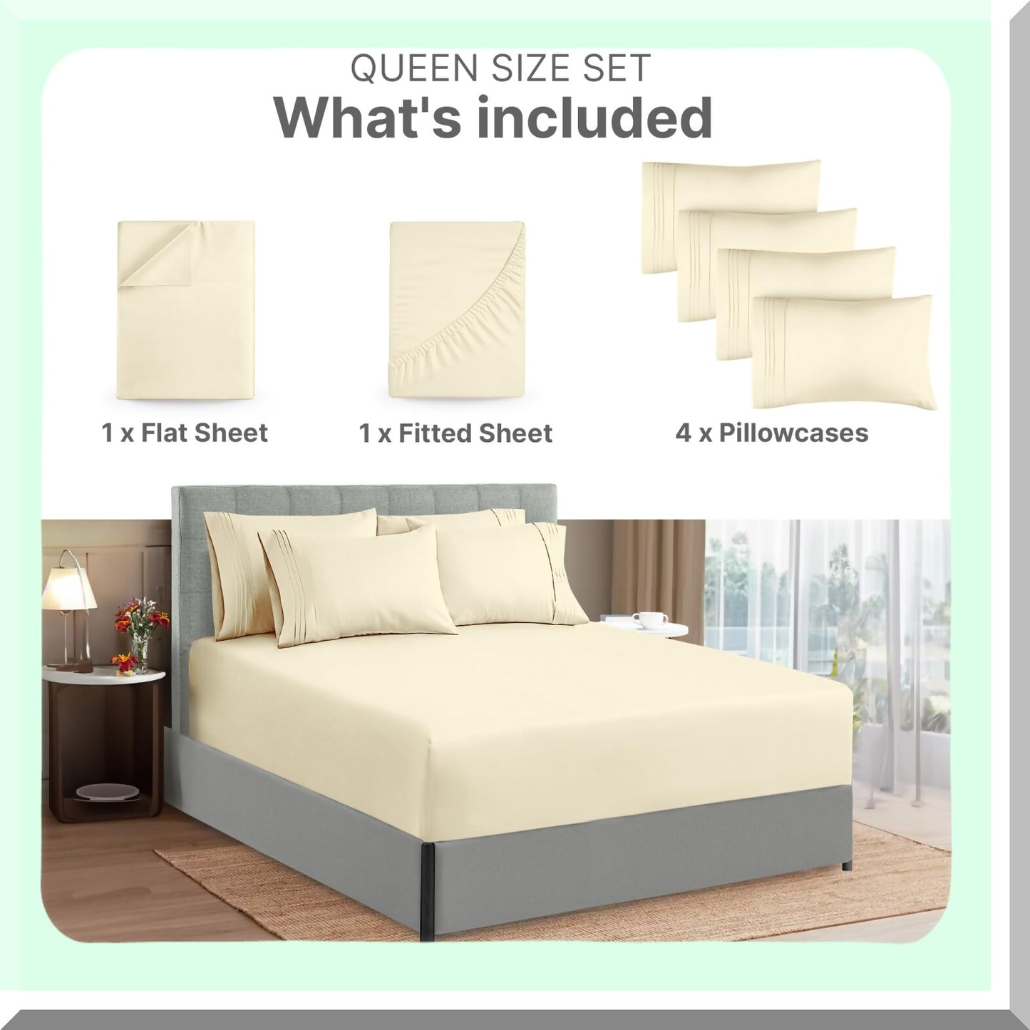 CoolBreeze Comfort Queen Sheet Set - 6 Piece Breathable Cooling Sheets for Hotel Luxury Bed - Easy Fit Soft Wrinkle Free Comfy Off White Sheets with Extra Deep Pockets