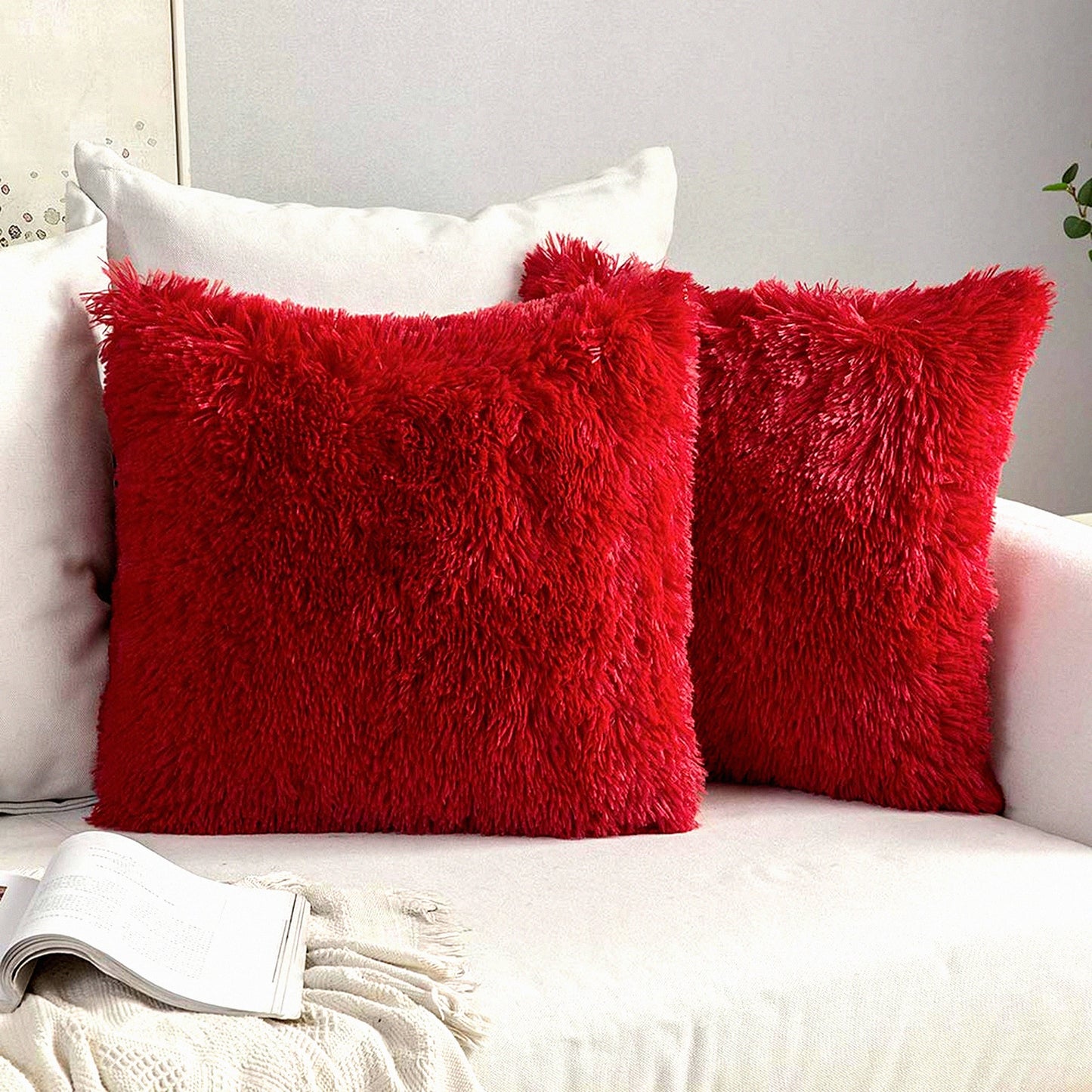 Winter Luxe Plush Pillowcase Set - 2 Pack Red 18x18 Inch - Cozy Sofa Bedroom Car Decor - Deluxe Cushion Cover Shell - Decorative Throw Pillow Cover