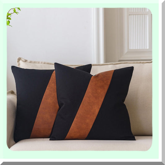 Boho Farmhouse Leather Pillow Covers Set - Black Brown 20X20 Inch Decorative Cushion Cases for Couch Living Room Bedroom - Modern Cognac Design