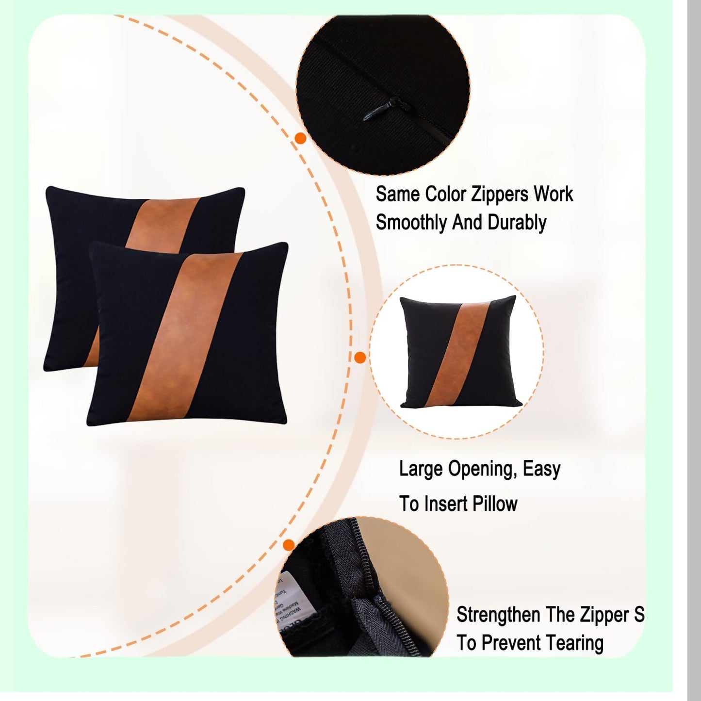 Boho Farmhouse Leather Pillow Covers Set - Black Brown 20X20 Inch Decorative Cushion Cases for Couch Living Room Bedroom - Modern Cognac Design