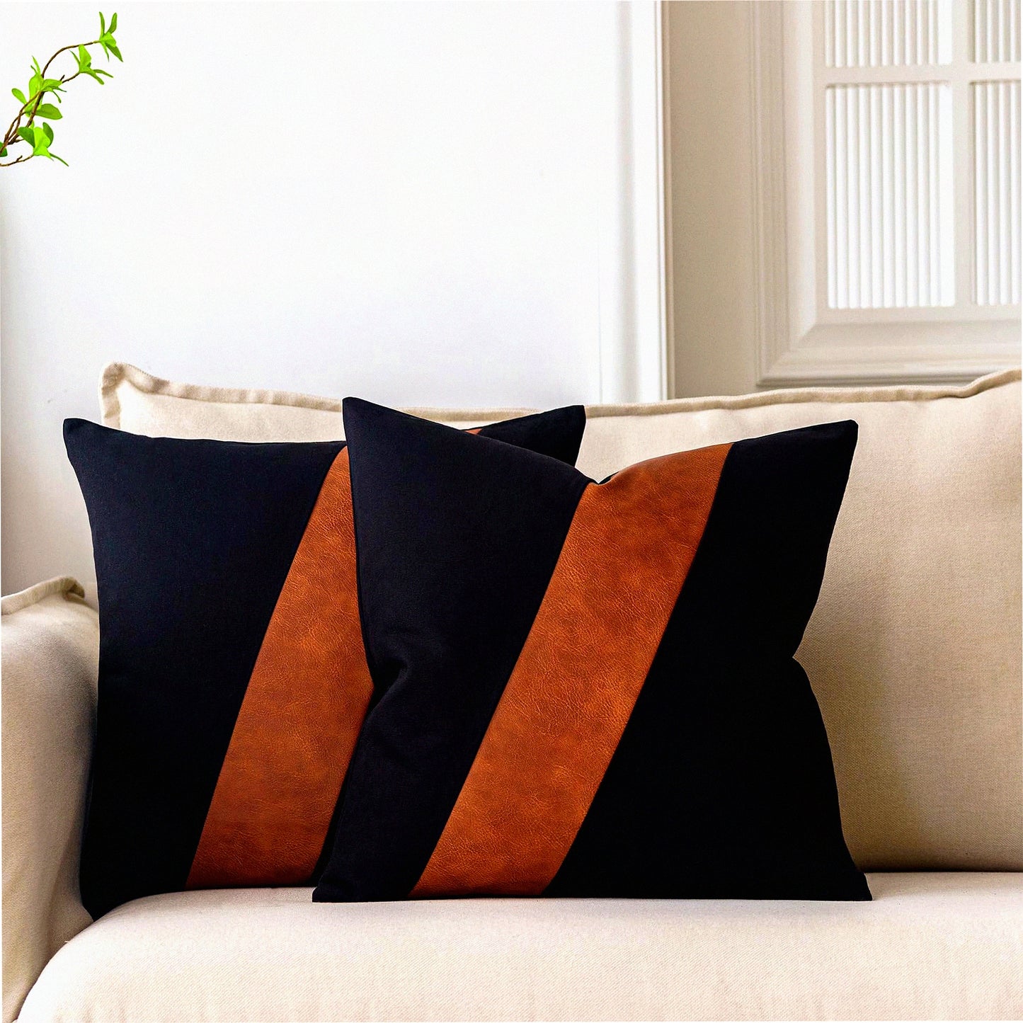 Boho Farmhouse Leather Pillow Covers Set - Black Brown 20X20 Inch Decorative Cushion Cases for Couch Living Room Bedroom - Modern Cognac Design
