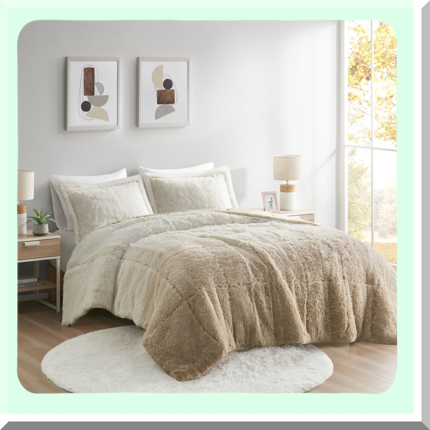 Plush Ombre Comforter Set - Luxurious Long Shaggy Bedding with Matching Sham, All Season Queen Size Bed Set, Soft Reverse, Brielle Natural Full/Queen (90"x90")