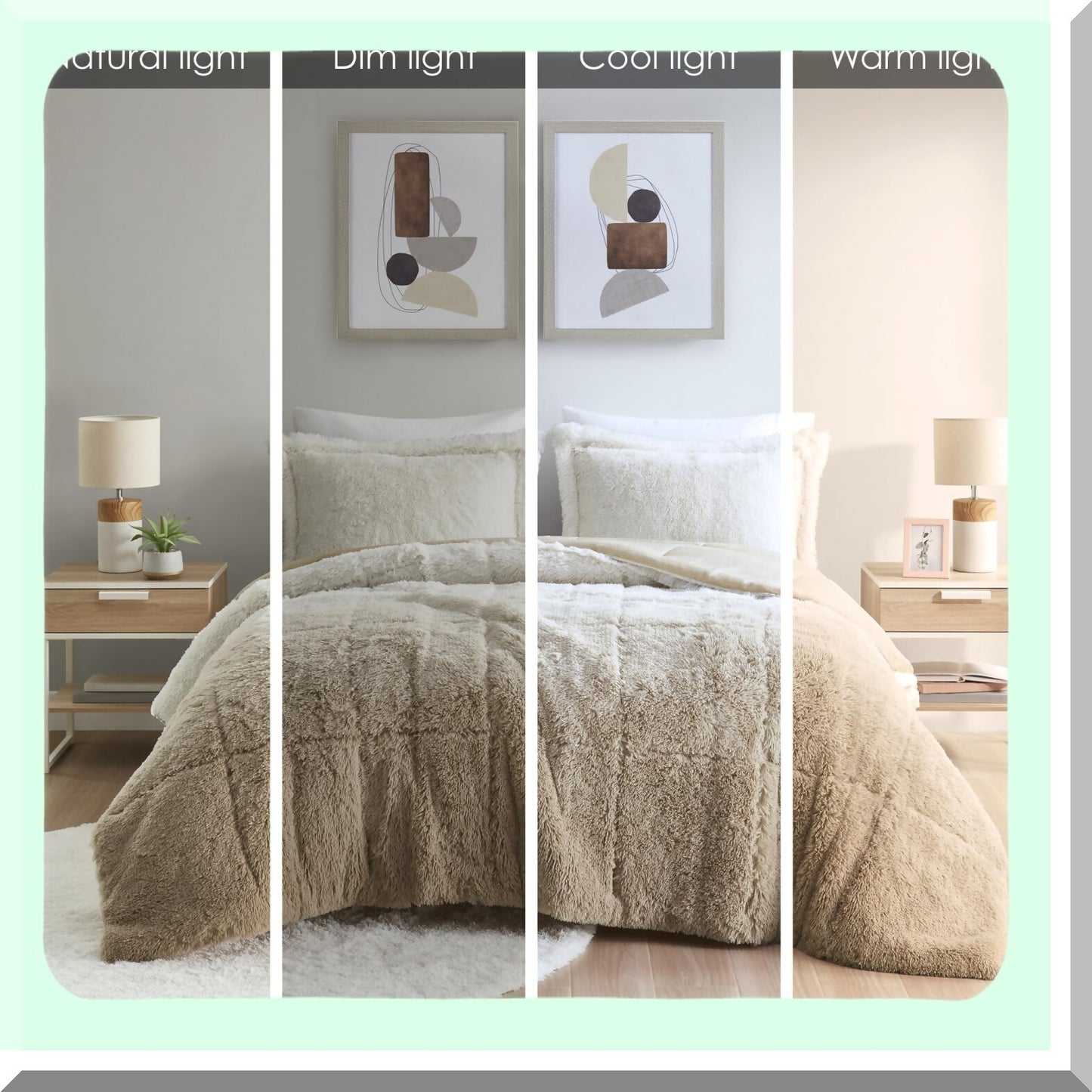 Plush Ombre Comforter Set - Luxurious Long Shaggy Bedding with Matching Sham, All Season Queen Size Bed Set, Soft Reverse, Brielle Natural Full/Queen (90"x90")