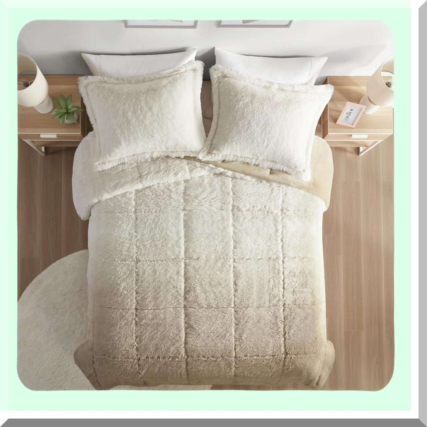 Plush Ombre Comforter Set - Luxurious Long Shaggy Bedding with Matching Sham, All Season Queen Size Bed Set, Soft Reverse, Brielle Natural Full/Queen (90"x90")