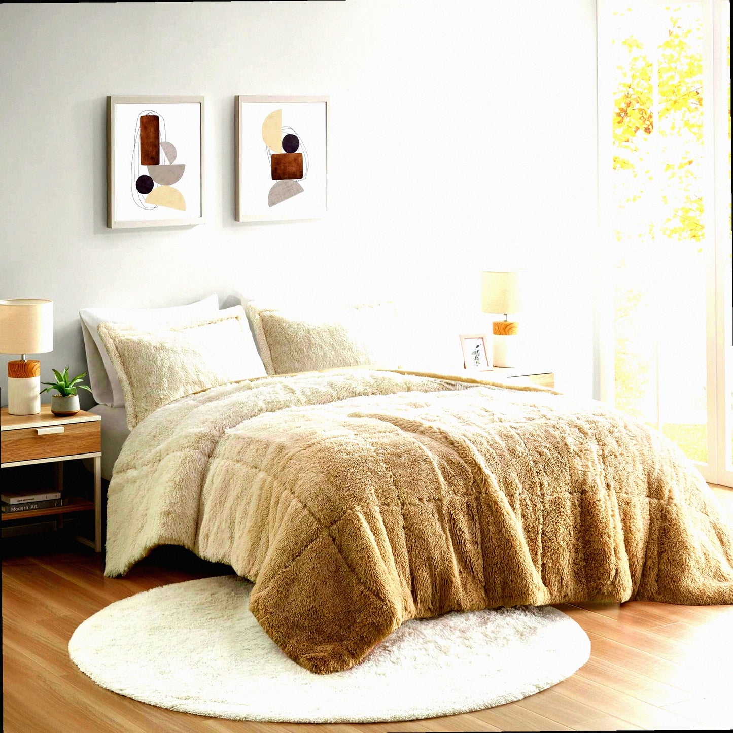 Plush Ombre Comforter Set - Luxurious Long Shaggy Bedding with Matching Sham, All Season Queen Size Bed Set, Soft Reverse, Brielle Natural Full/Queen (90"x90")